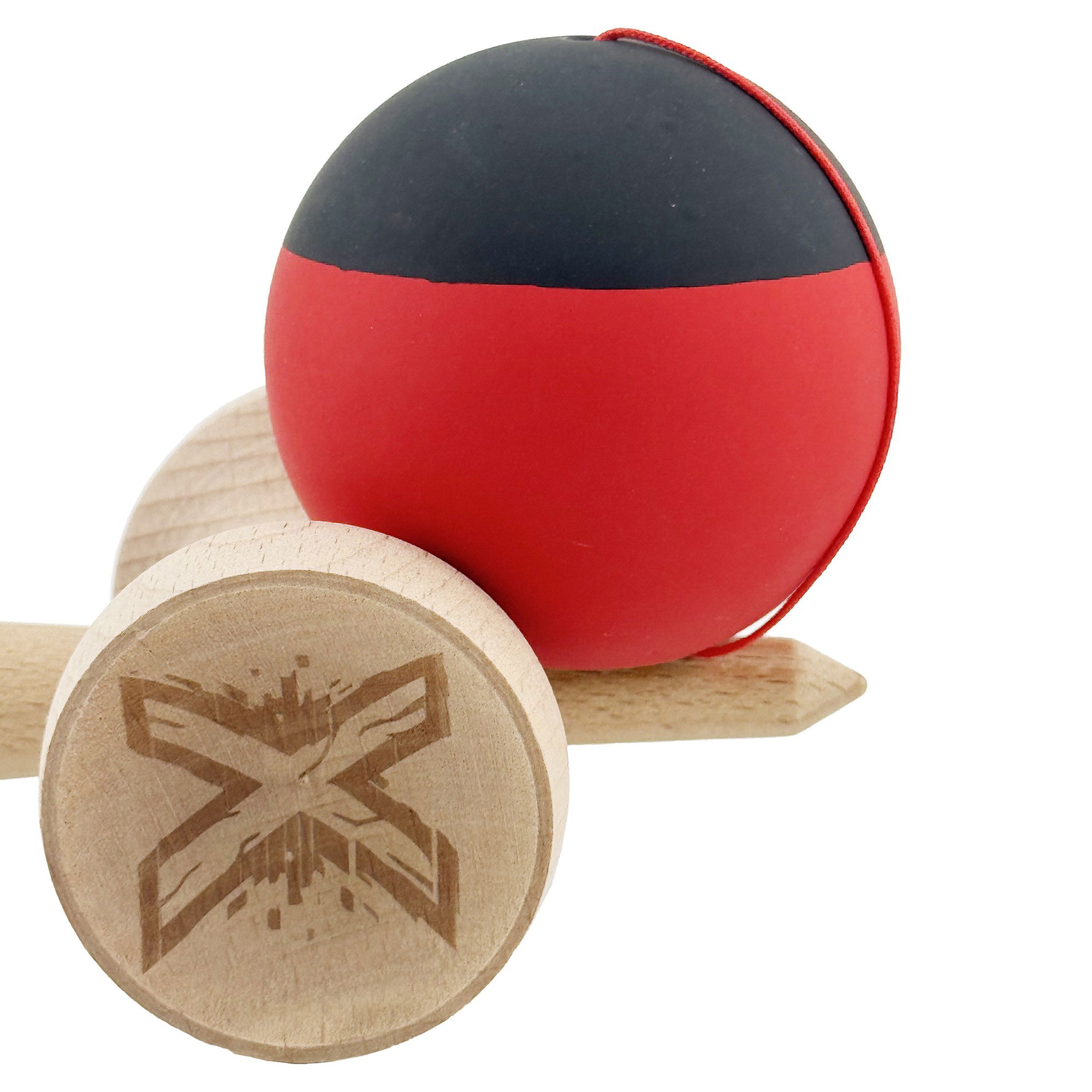 Kendama X Originala, Profesionala, Flippy, Cupe Mari KING SIZE V3, Rubber Grip, Gaura in Baza, Rulment Metalic, din lemn 18 cm, Ata 62/65 cm, Bicolor Negru/Rosu [8]