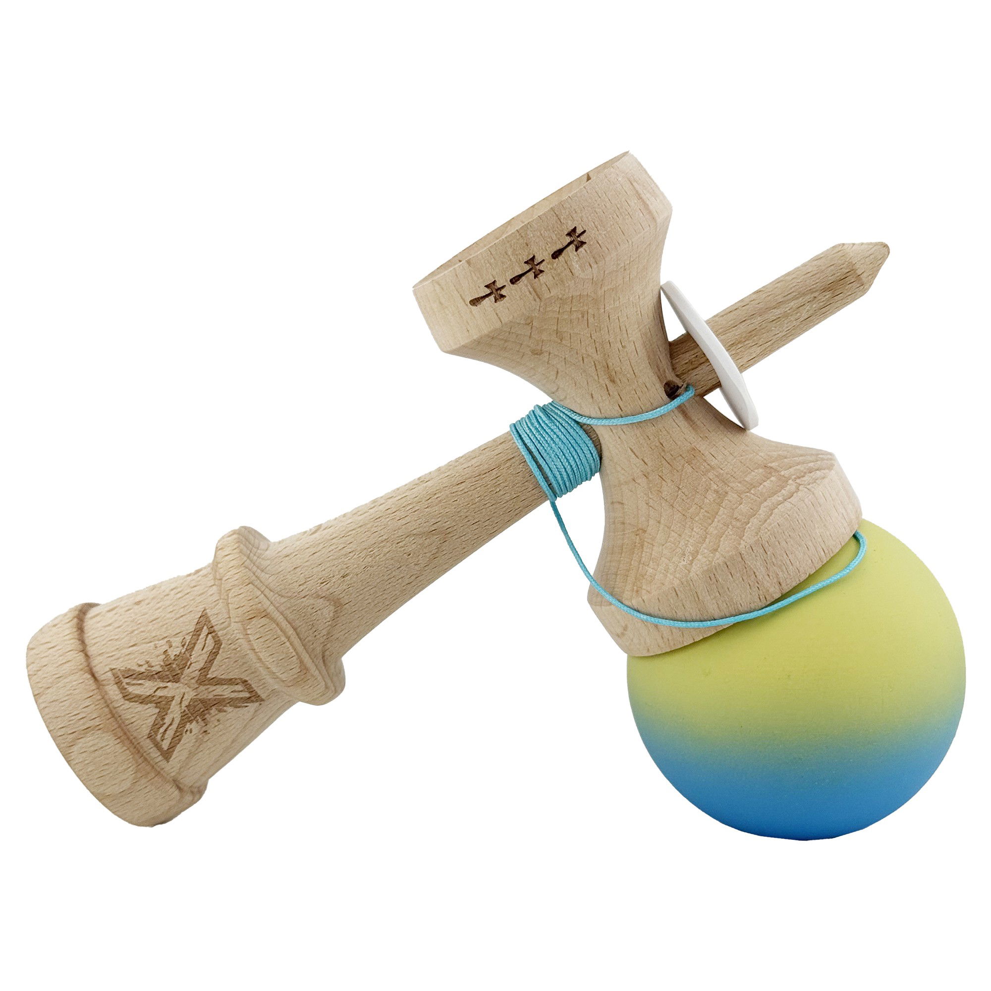 Kendama X Originala, Profesionala, Flippy, Cupe Mari KING SIZE V3, Rubber Grip, Gaura in Baza, Rulment Metalic, din lemn 18 cm, Ata 62/65 cm, Gradient Galben/Albastru deschis [5]