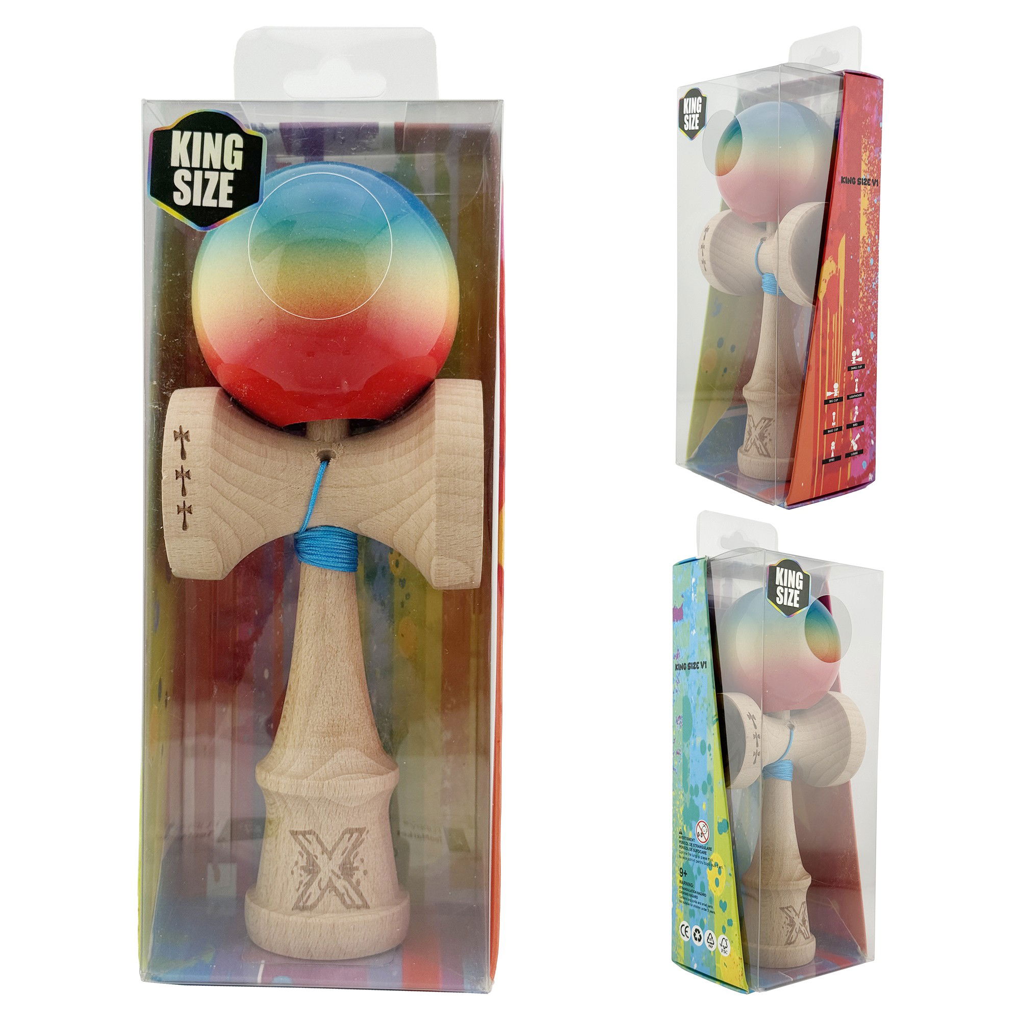 Kendama X Originala, Profesionala, Flippy, Big Cups V2, Super Sticky Cupe Mari, Rulment Metalic cu Ata 55 cm, Rosu/Galben/Albastru [10]