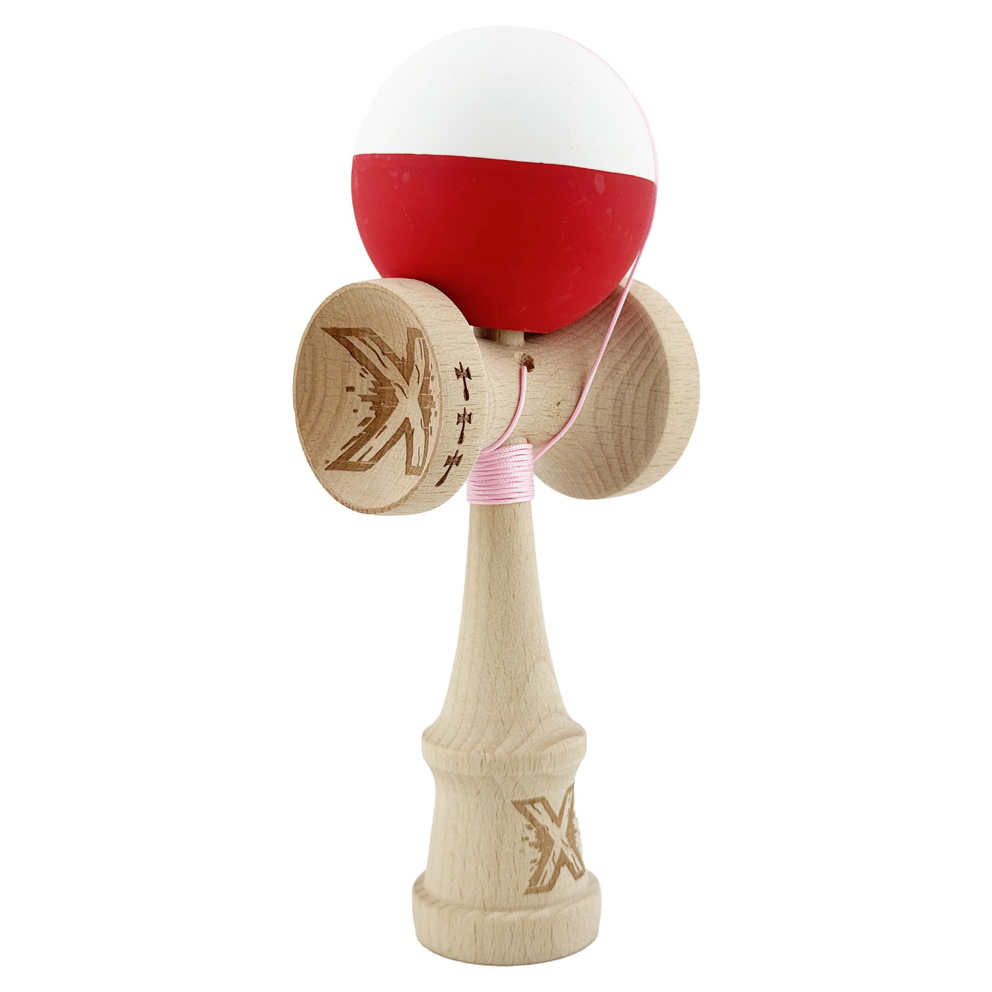 Kendama Rubber Grip V2 Cupe Mari - Kendama X Originala, Profesionala, Flippy, Big Cups V2, Rubber Grip cu Cupe Mari, Rulment Metalic cu Ata 55 cm, Alb/Rosu