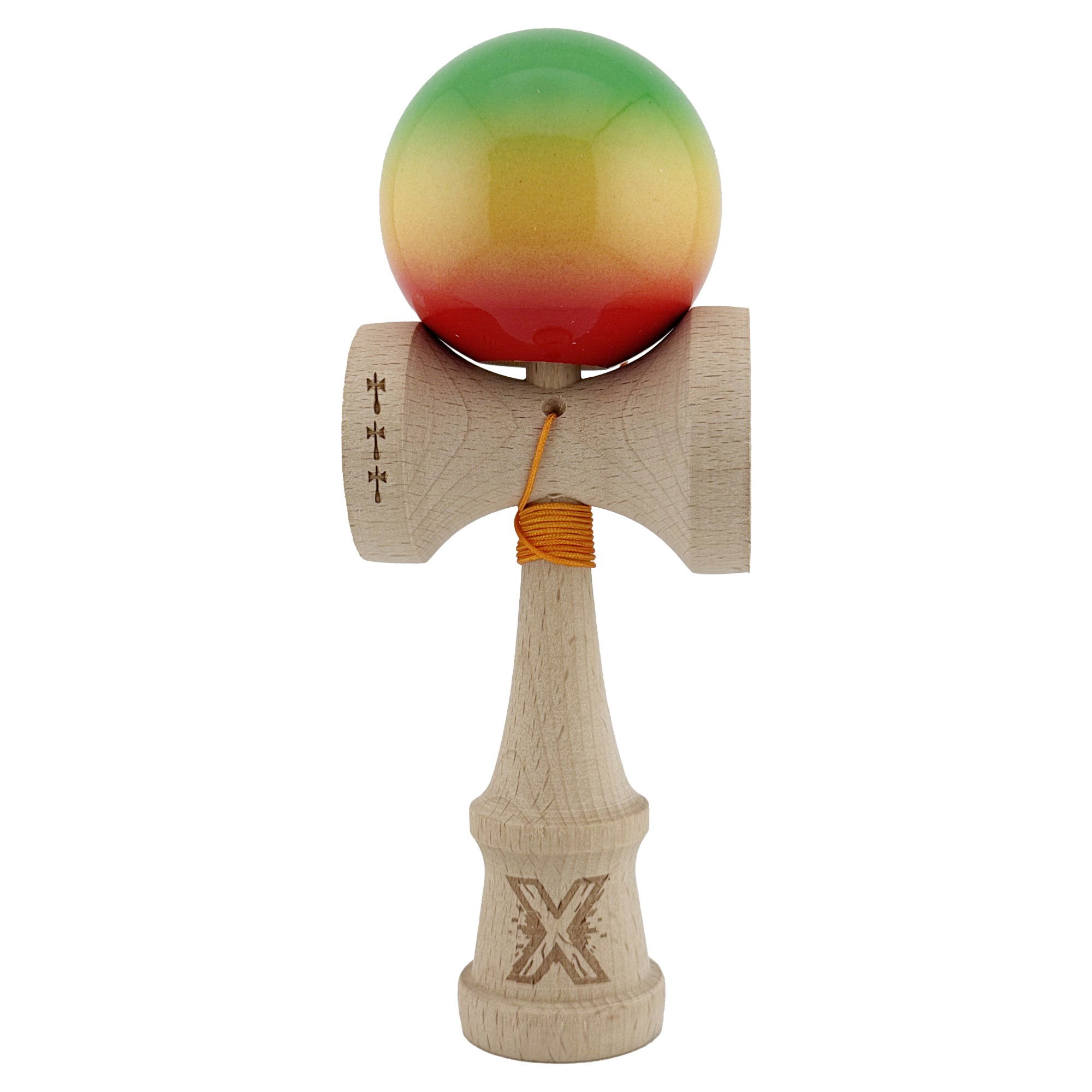 Kendama Super Sticky V2 Cupe Mari - Kendama X Originala, Profesionala, Flippy, Big Cups V2, Super Sticky Cupe Mari, Rulment Metalic cu Ata 55 cm, Verde/Galben/Rosu
