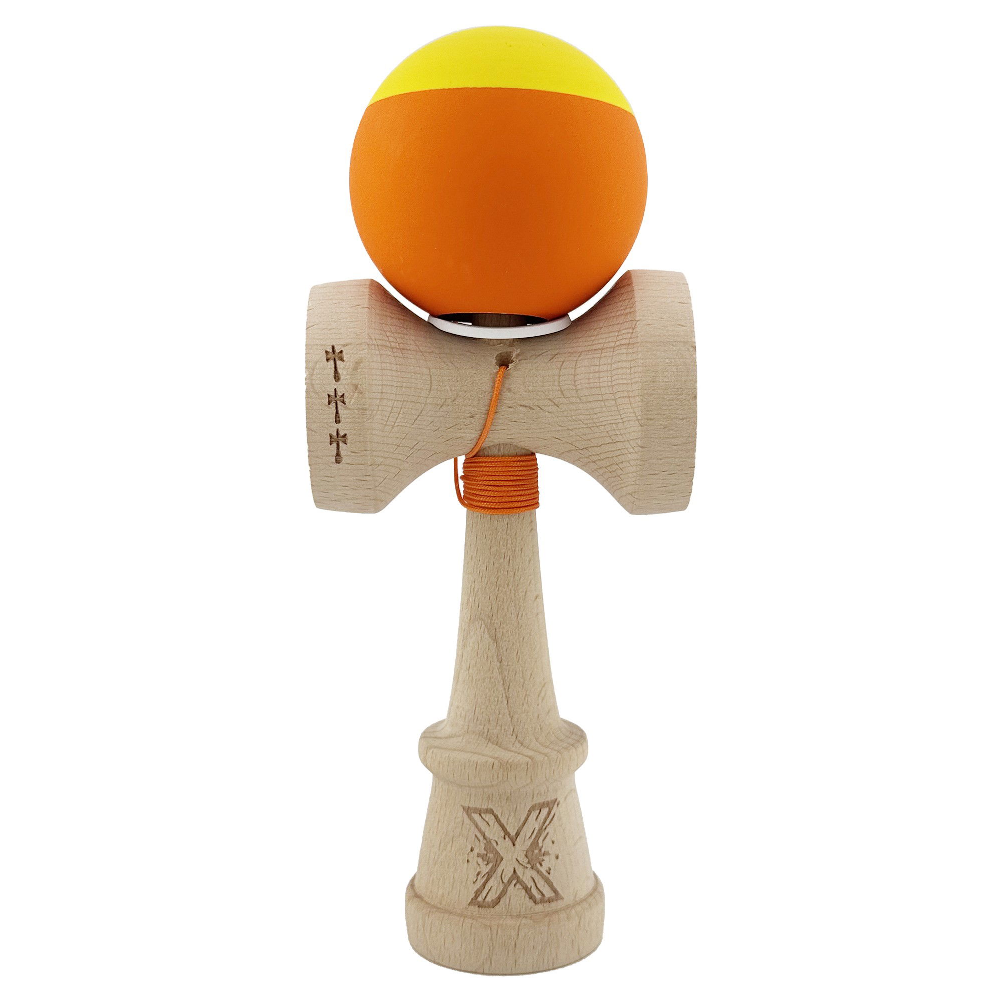Kendama Rubber Grip V3 Cupe Mari - Kendama X Originala, Profesionala, Flippy, Rubber Grip, Cupe Mari KING SIZE V3, Gaura in Baza, Rulment Metalic, din lemn 18 cm, Ata 62/65 cm, Bicolor Galben/Portocaliu