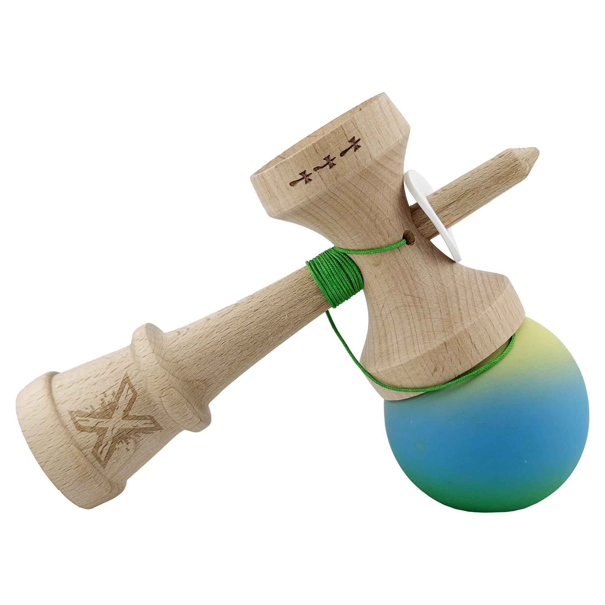 Kendama X Originala, Profesionala, Flippy, Cupe Mari KING SIZE V3, Rubber Grip, Gaura in Baza, Rulment Metalic, din lemn 18 cm, Ata 62/65 cm, Gradient Galben/Albastru/Verde [5]