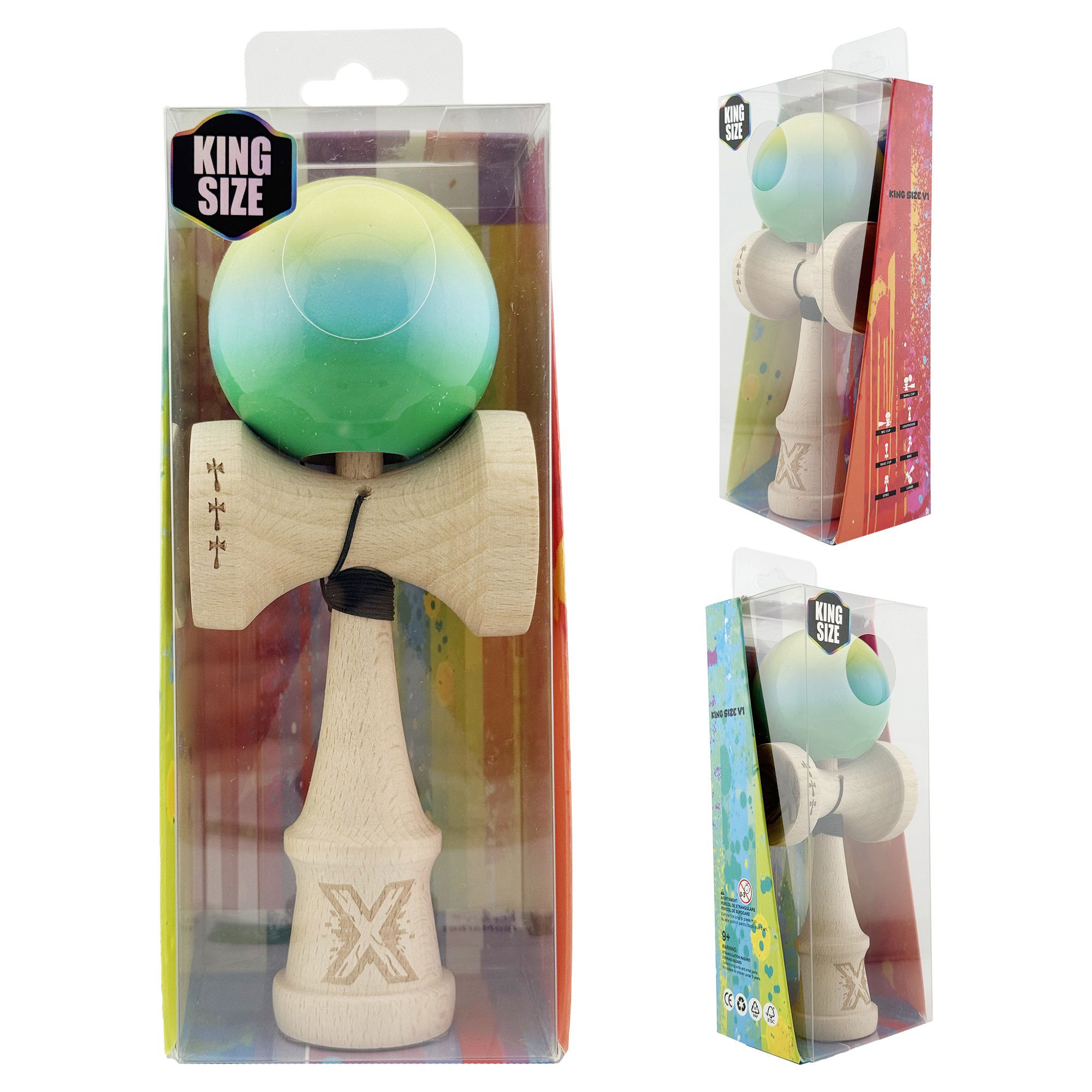 Kendama X Originala, Profesionala, Flippy, Big Cups V2, Super Sticky Cupe Mari, Rulment Metalic cu Ata 55 cm, Galben/Albastru deschis/Verde [9]