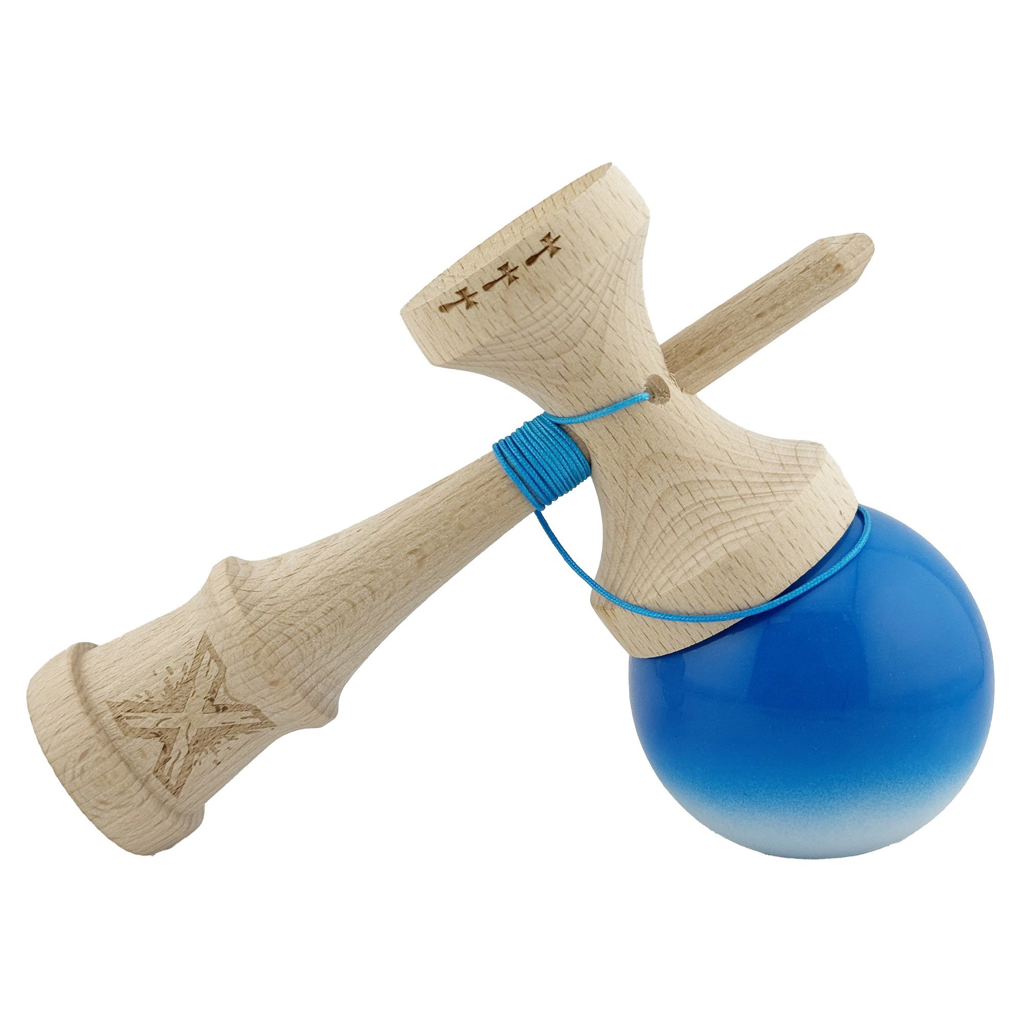Kendama X Originala, Profesionala, Flippy, Big Cups V2, Super Sticky cu Cupe Mari, din lemn 18 cm, Rulment Metalic cu Ata 55 cm, Albastru/Alb [4]
