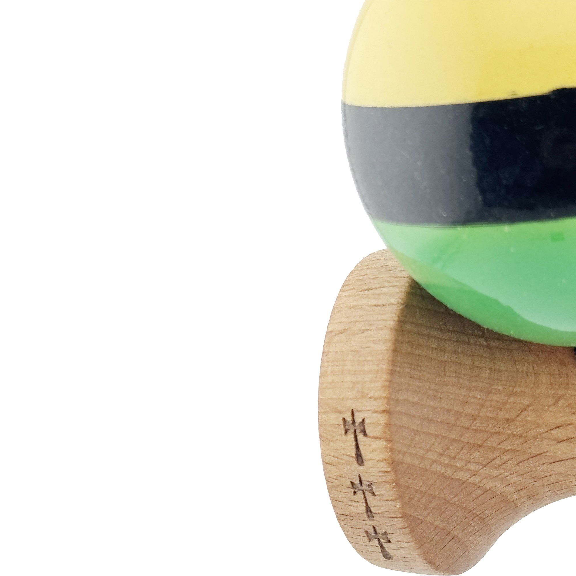 Kendama X Originala, Profesionala, Flippy, Big Cups V2, Super Sticky cu Cupe Mari, Rulment Metalic, din lemn 18 cm, Ata 55 cm, Galben/Negru/Verde [7]