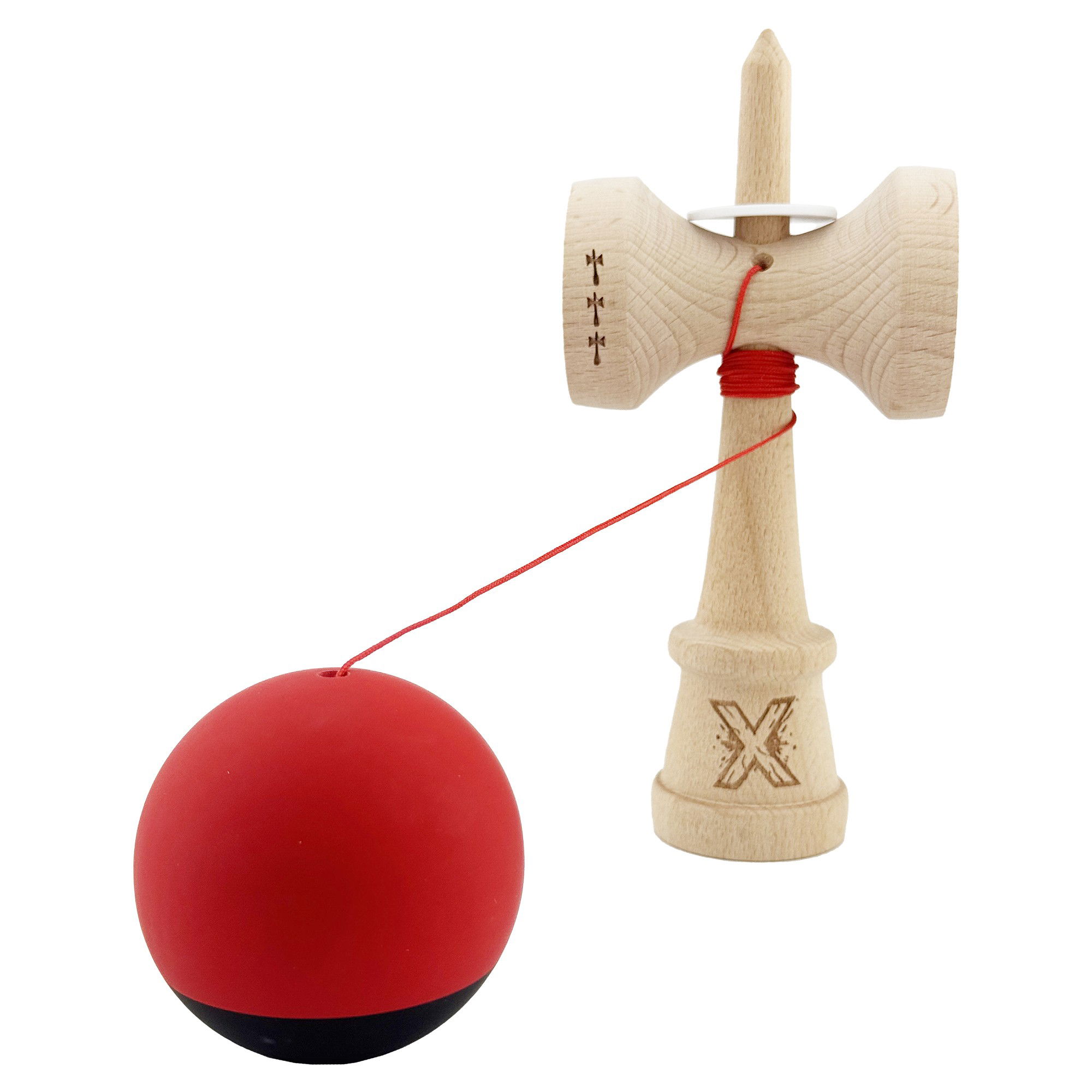 Kendama X Originala, Profesionala, Flippy, Cupe Mari KING SIZE V3, Rubber Grip, Gaura in Baza, Rulment Metalic, din lemn 18 cm, Ata 62/65 cm, Bicolor Rosu/Negru [4]