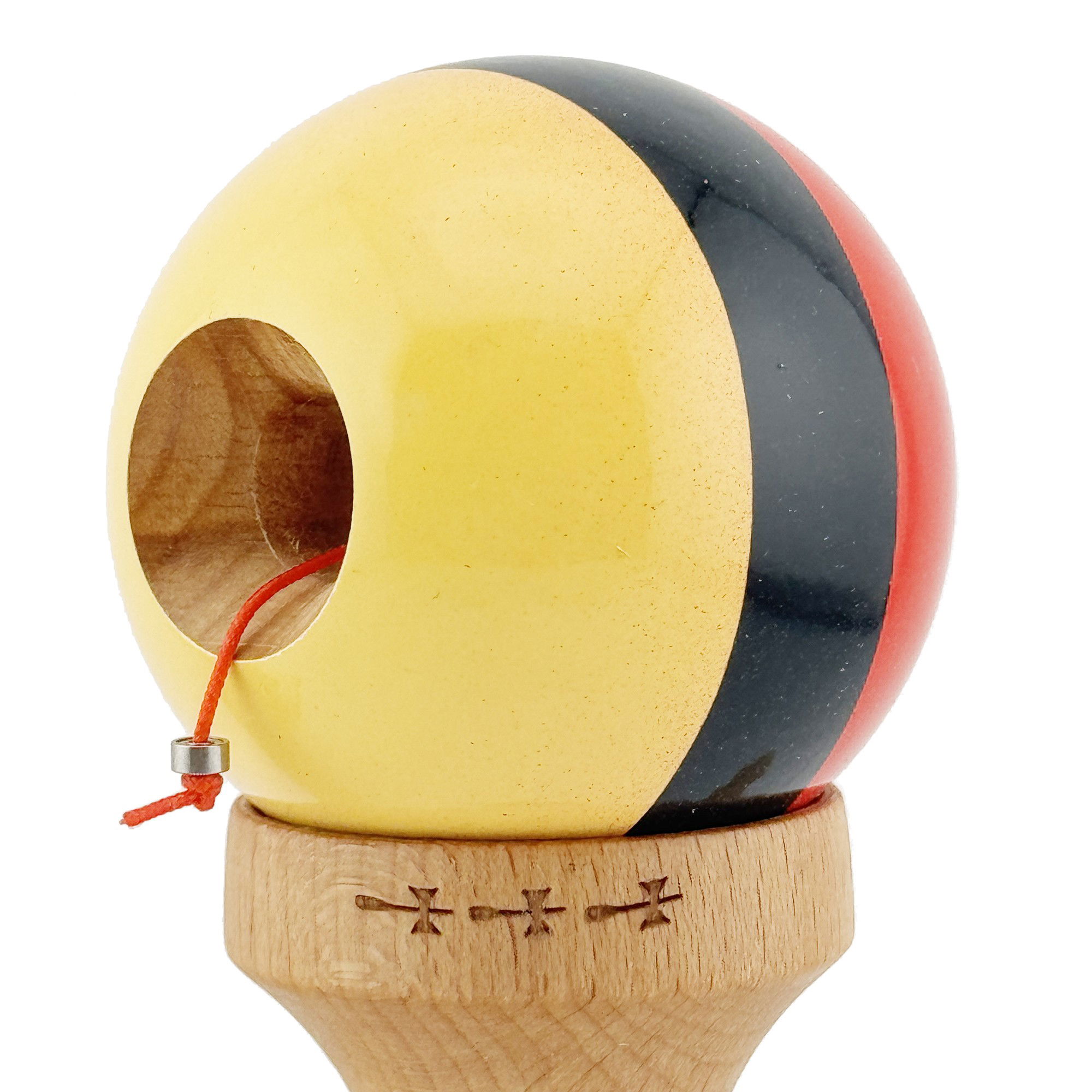 Kendama X Originala, Profesionala, Flippy, Big Cups V2, Super Sticky cu Cupe Mari, Rulment Metalic, din lemn 18 cm, Ata 55 cm, Rosu/Negru/Galben [6]