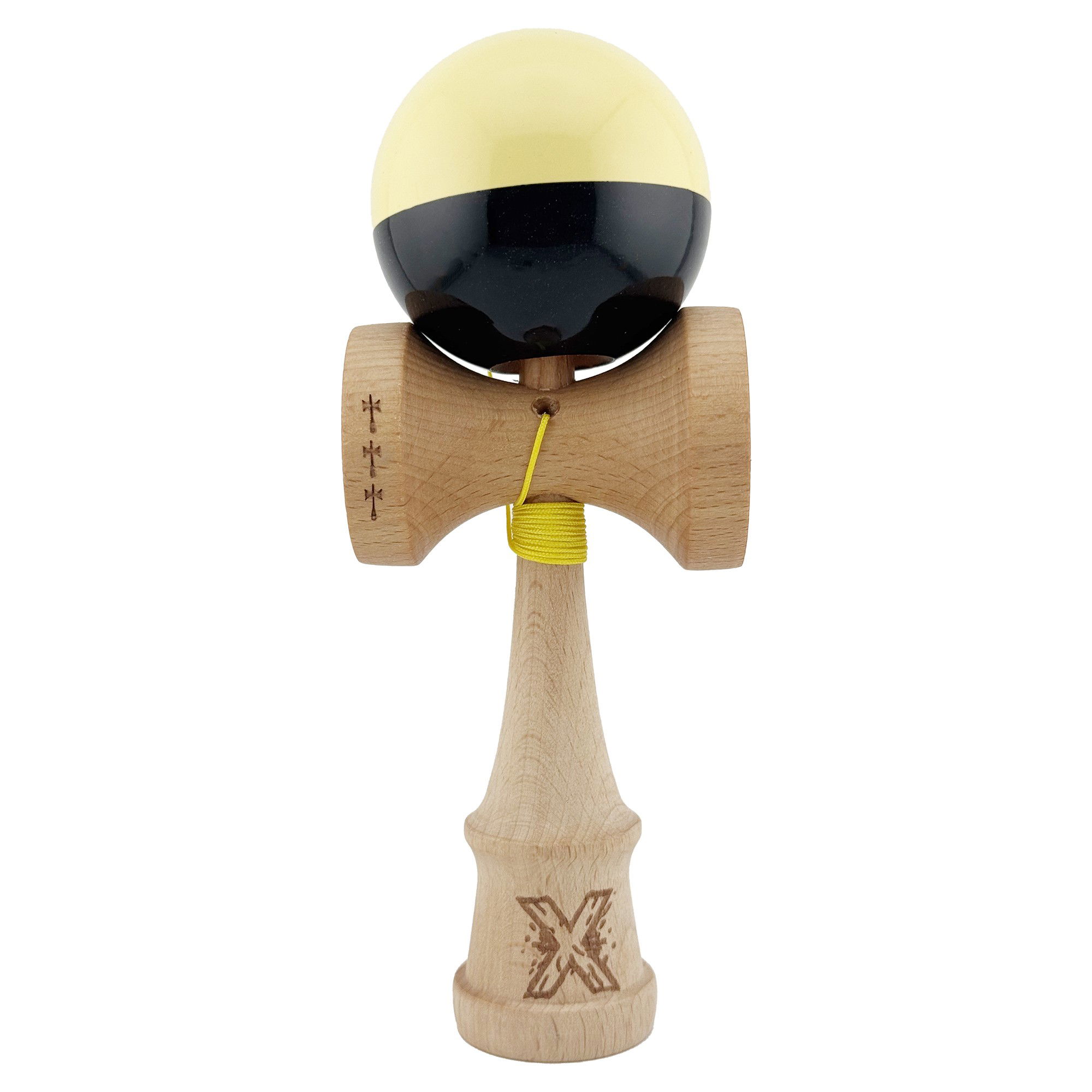 Kendama Super Sticky V2 Cupe Mari - Kendama X Originala, Profesionala, Flippy, Big Cups V2, Super Sticky cu Cupe Mari, Rulment Metalic, din lemn 18 cm, Ata 55 cm, Galben/Negru