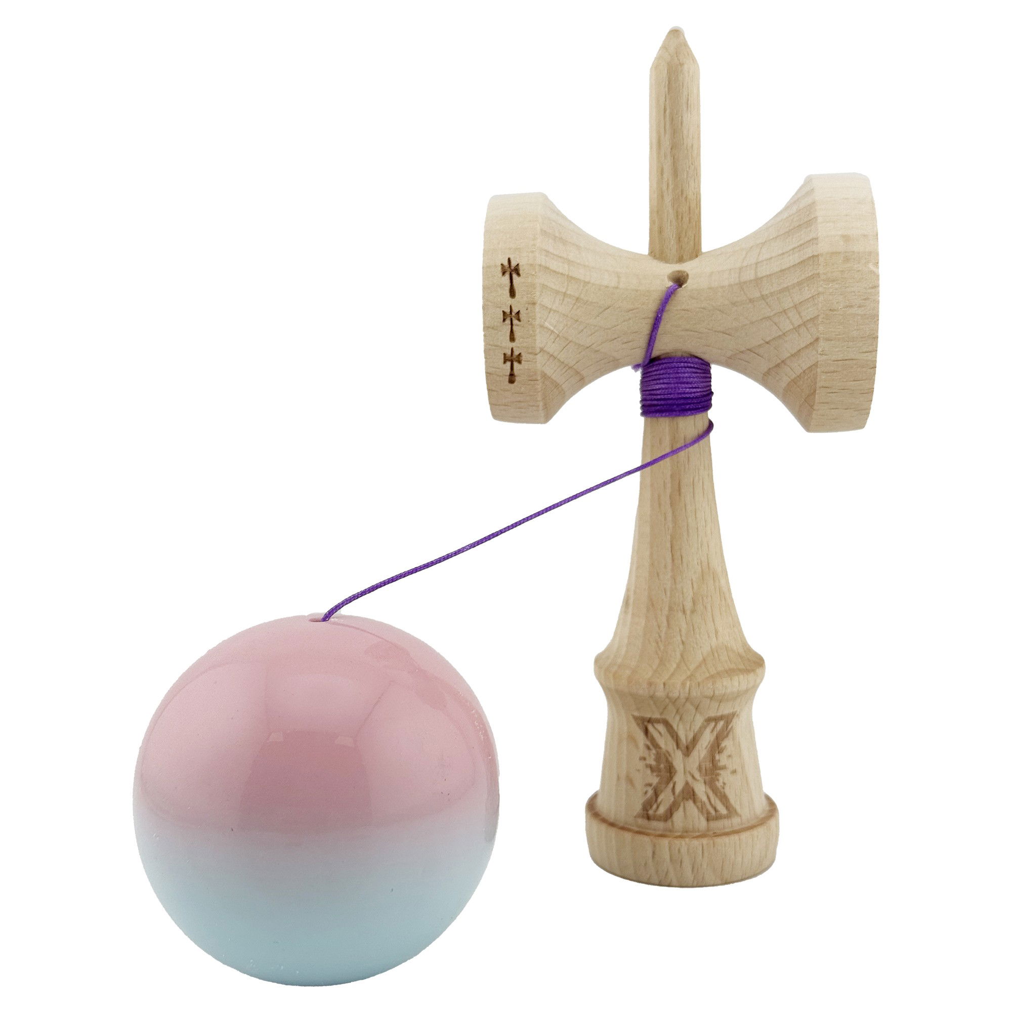 Kendama X Originala, Profesionala, Flippy, Big Cups V2, Super Sticky cu Cupe Mari, din lemn 18 cm, Rulment Metalic cu Ata 55 cm, Roz/Albastru deschis [3]