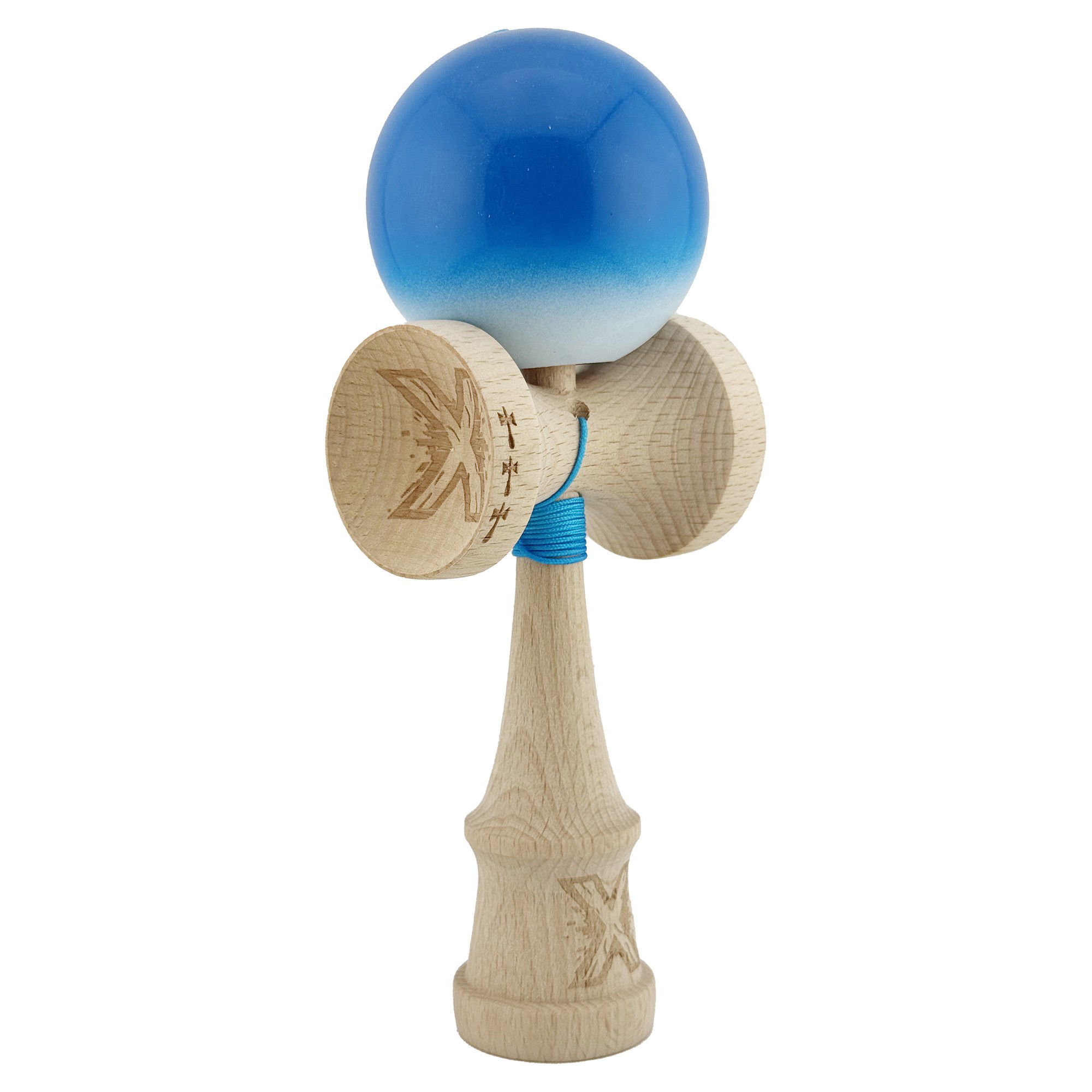 Kendama X Originala, Profesionala, Flippy, Big Cups V2, Super Sticky cu Cupe Mari, din lemn 18 cm, Rulment Metalic cu Ata 55 cm, Albastru/Alb [9]