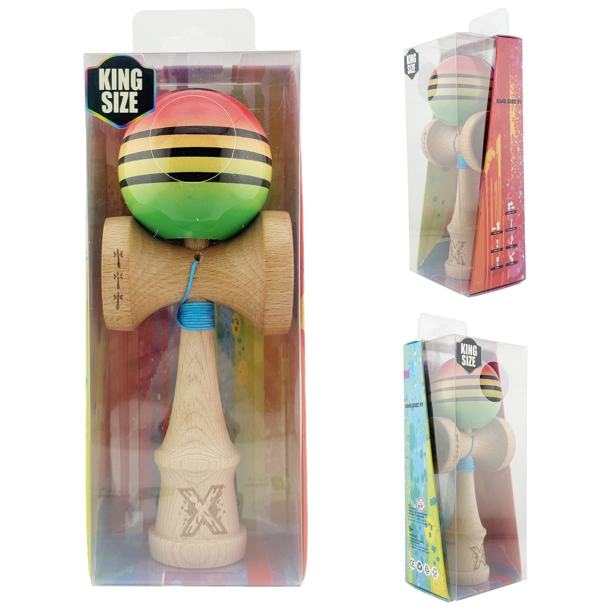 Kendama X Originala, Profesionala, Flippy, Big Cups V2, Super Sticky Legendary Cupe Mari, Rulment Metalic cu Ata 55 cm, Rosu/Galben/Verde [10]