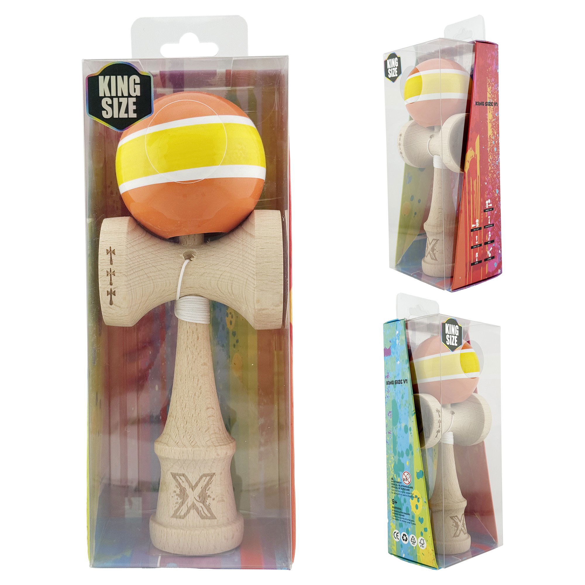 Kendama X Originala, Profesionala, Flippy, Big Cups V2, Super Sticky Legendary Cupe Mari, Rulment Metalic cu Ata 55 cm, Portocaliu/Galben/Alb [10]