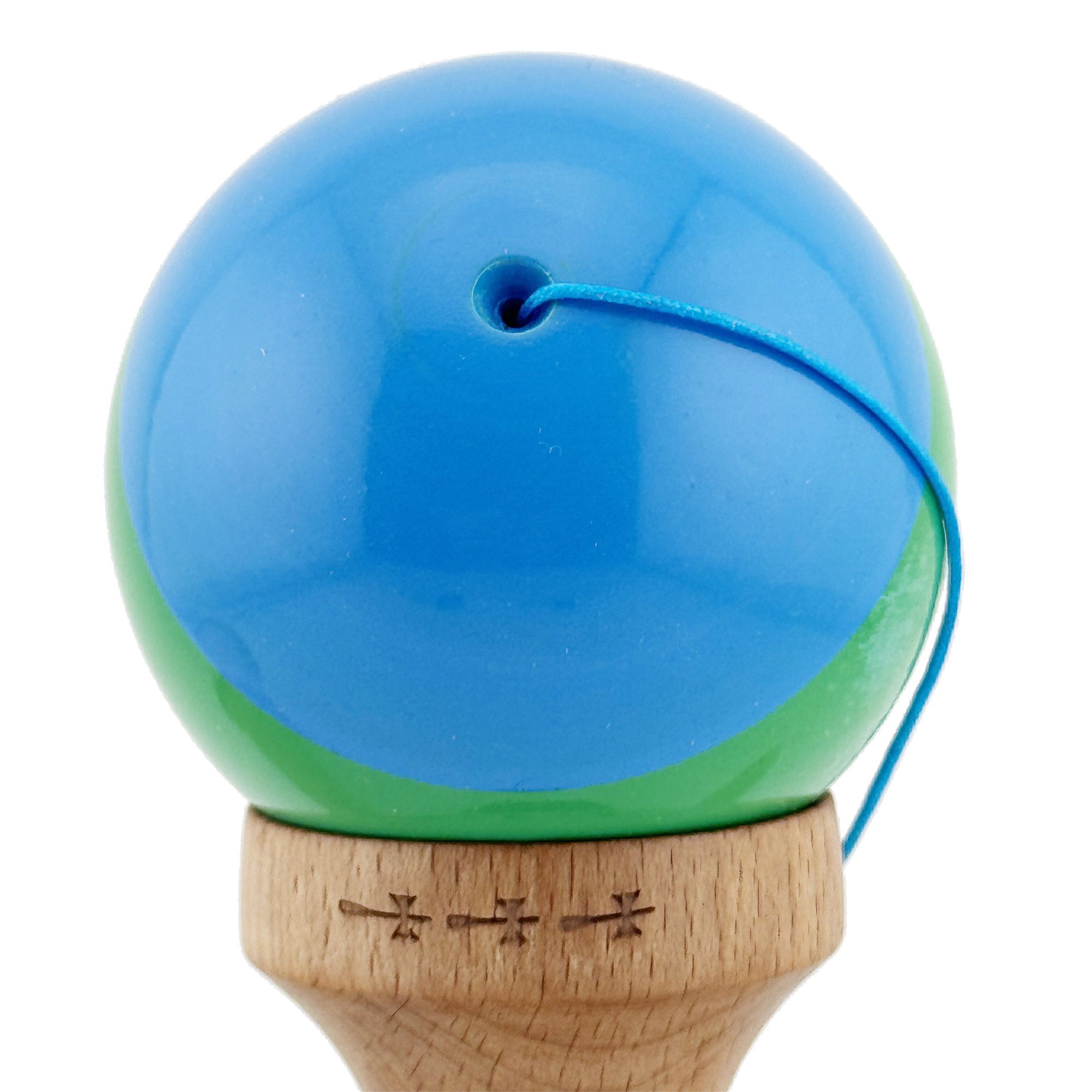 Kendama X Originala, Profesionala, Flippy, Big Cups V2, Super Sticky cu Cupe Mari, Rulment Metalic, din lemn 18 cm, Ata 55 cm, Albastru/Verde [9]