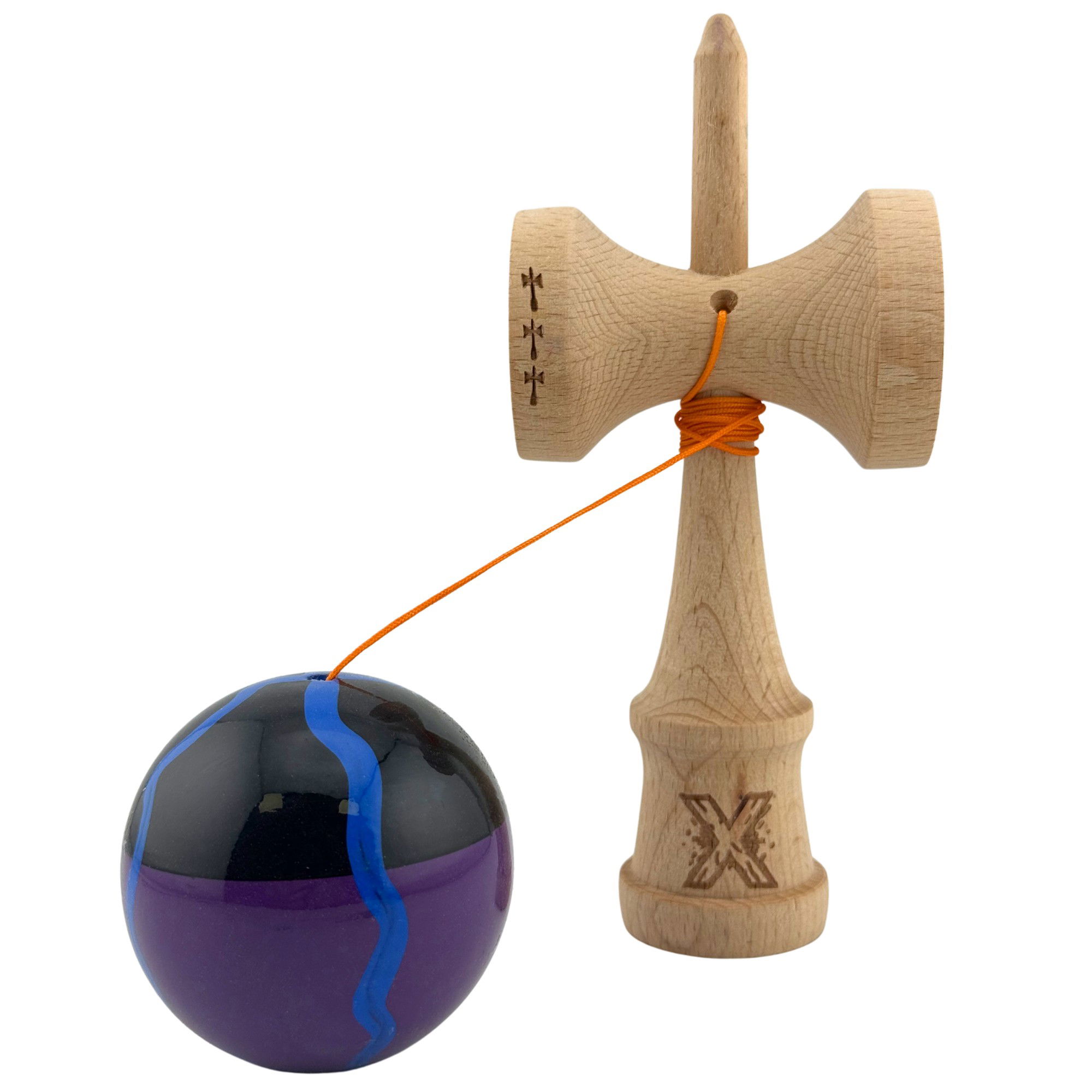 Kendama X Originala, Profesionala, Flippy, Big Cups V2, Super Sticky Cupe Mari, Rulment Metalic cu Ata 55 cm, Negru Mov cu Linii [6]