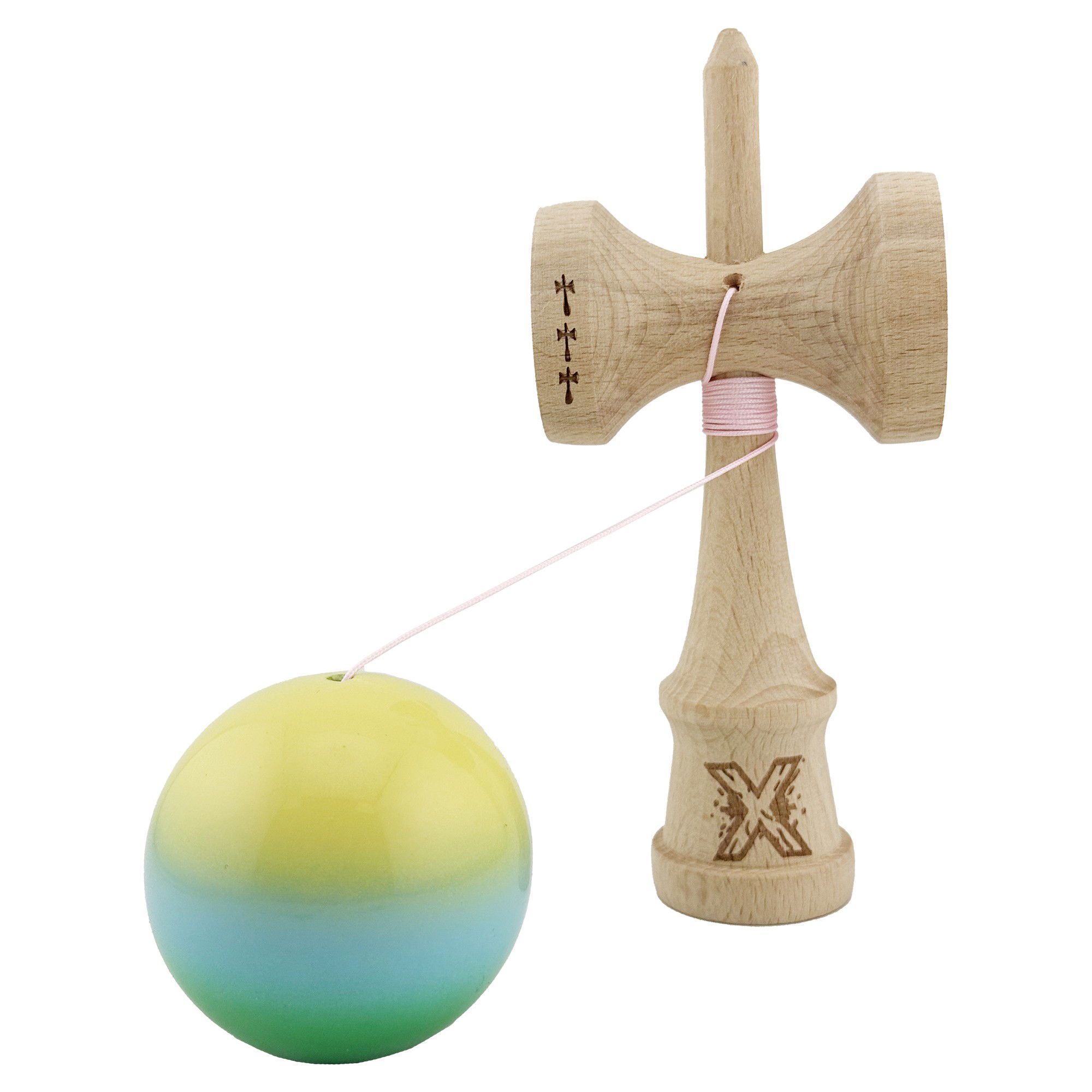 Kendama X Originala, Profesionala, Flippy, Big Cups V2, Super Sticky cu Cupe Mari, din lemn 18 cm, Rulment Metalic cu Ata 55 cm, Galben/Albastru/Verde [3]