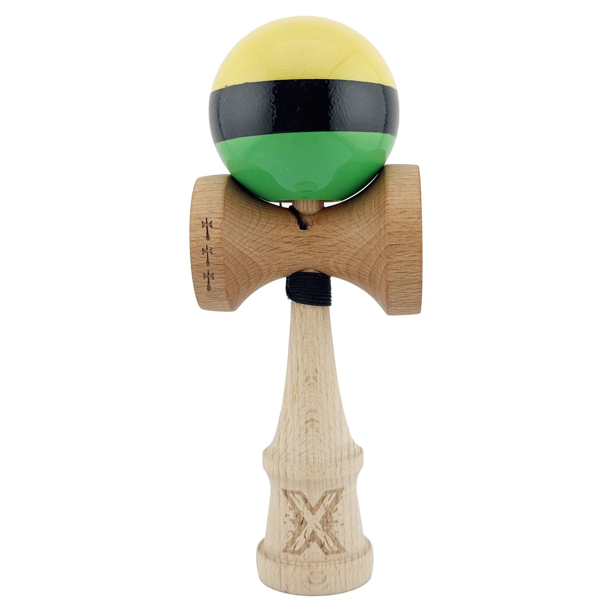Kendama Super Sticky V2 Cupe Mari - Kendama X Originala, Profesionala, Flippy, Big Cups V2, Super Sticky cu Cupe Mari, Rulment Metalic, din lemn 18 cm, Ata 55 cm, Galben/Negru/Verde