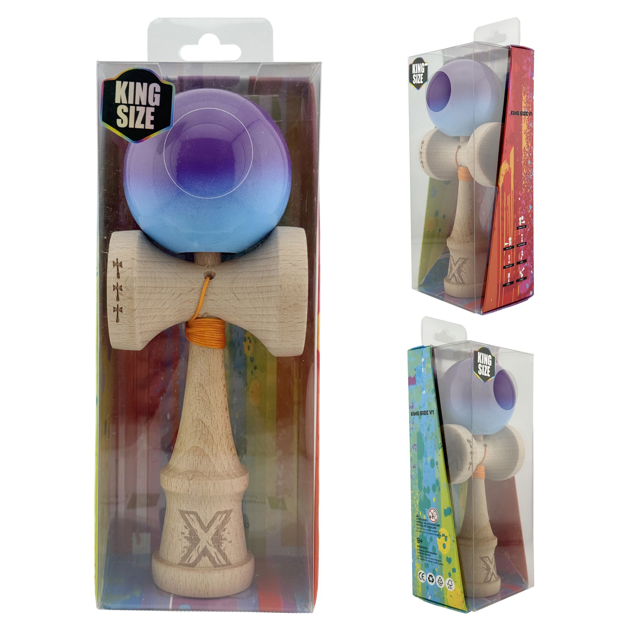 Kendama X Originala, Profesionala, Flippy, Big Cups V2, Super Sticky cu Cupe Mari, din lemn 18 cm, Rulment Metalic cu Ata 55 cm, Mov/Albastru [10]