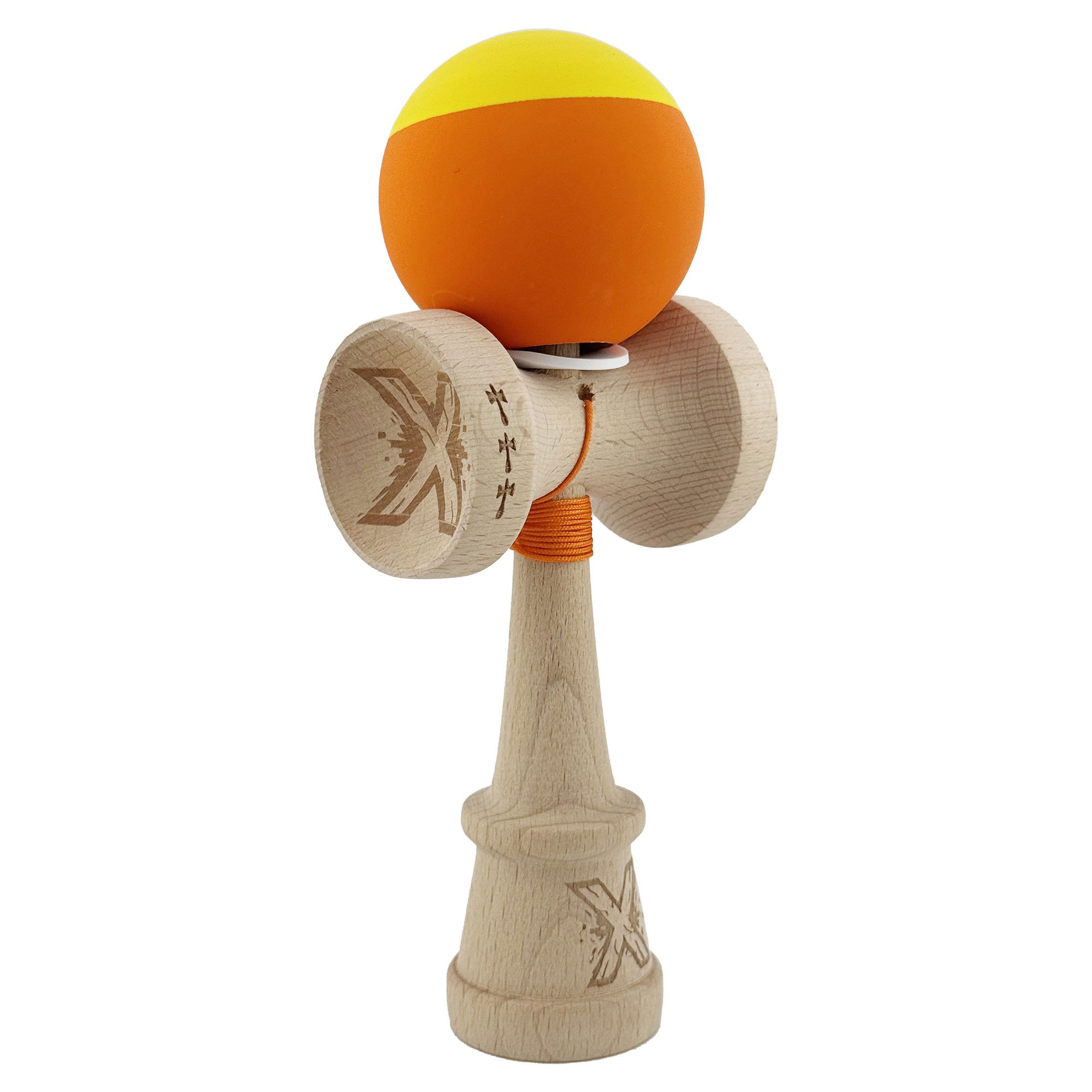 Kendama Rubber Grip V3 Cupe Mari - Kendama X Originala, Profesionala, Flippy, Rubber Grip, Cupe Mari KING SIZE V3, Gaura in Baza, Rulment Metalic, din lemn 18 cm, Ata 62/65 cm, Bicolor Galben/Portocaliu