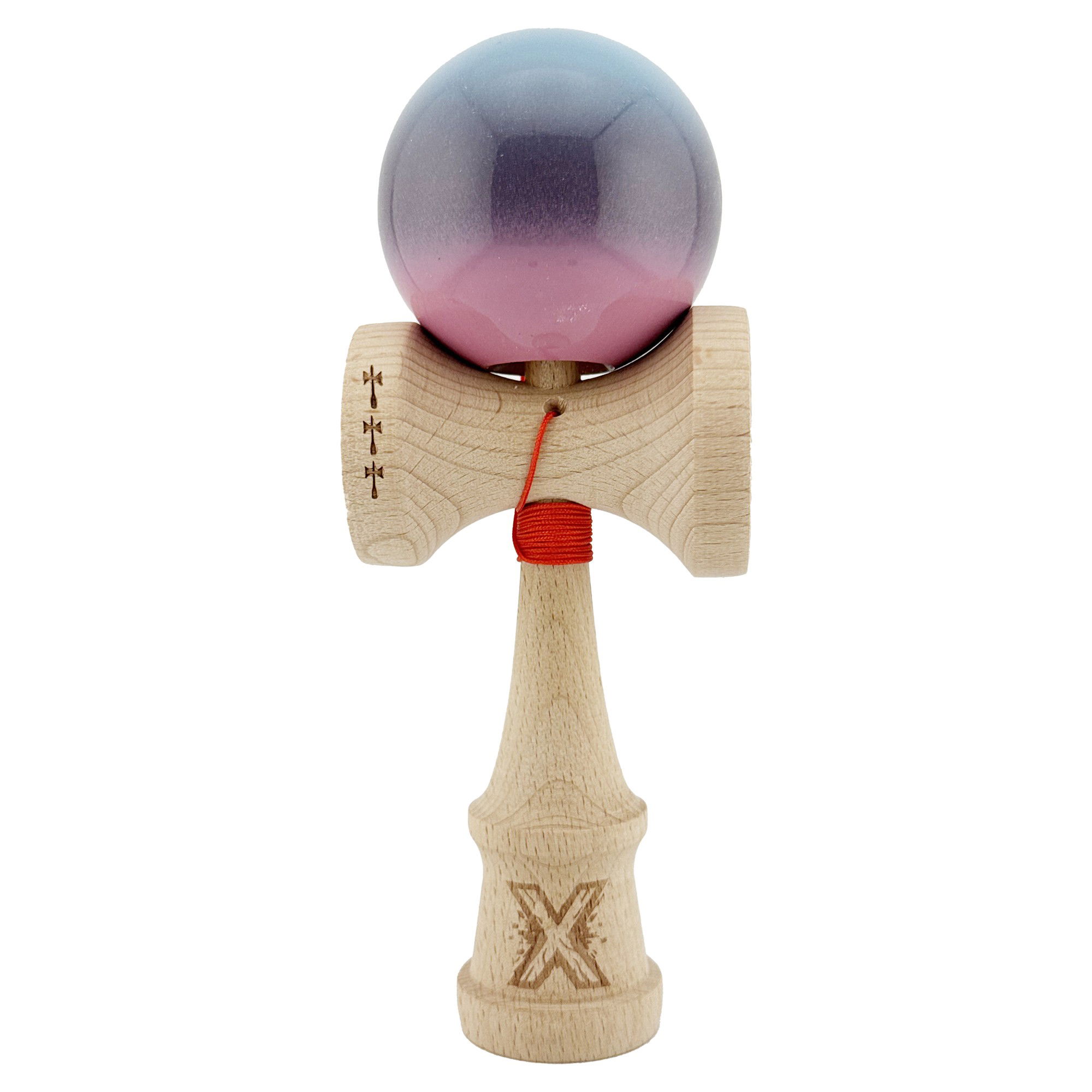 Kendama Super Sticky V2 Cupe Mari - Kendama X Originala, Profesionala, Flippy, Big Cups V2, Super Sticky Cupe Mari, Rulment Metalic cu Ata 55 cm, Albastru Deschis/Mov/Roz