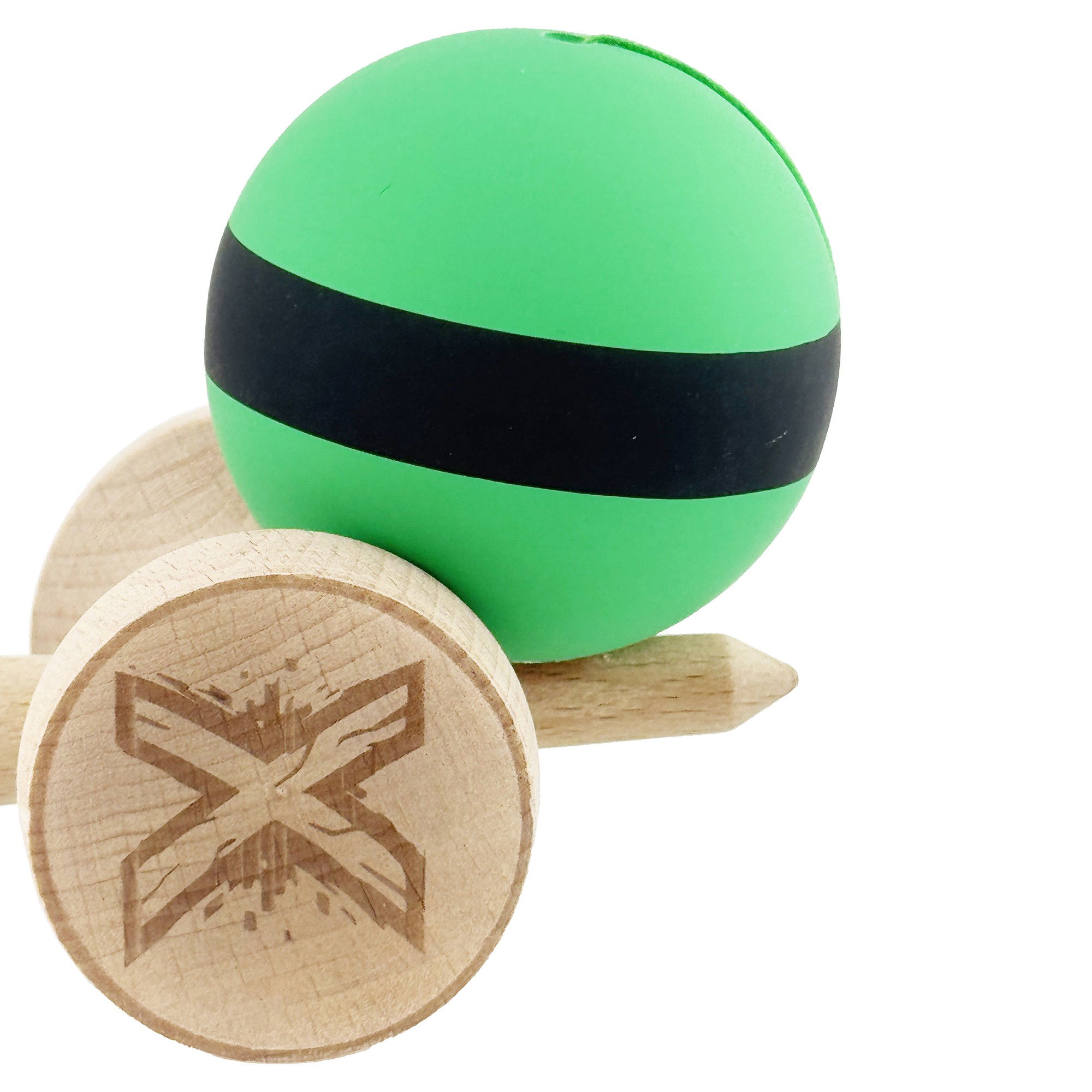 Kendama X Originala, Profesionala, Flippy, Cupe Mari KING SIZE V3, Rubber Grip, Gaura in Baza, Rulment Metalic, din lemn 18 cm, Ata 62/65 cm, M Bicolor Verde Dublu/Negru [8]
