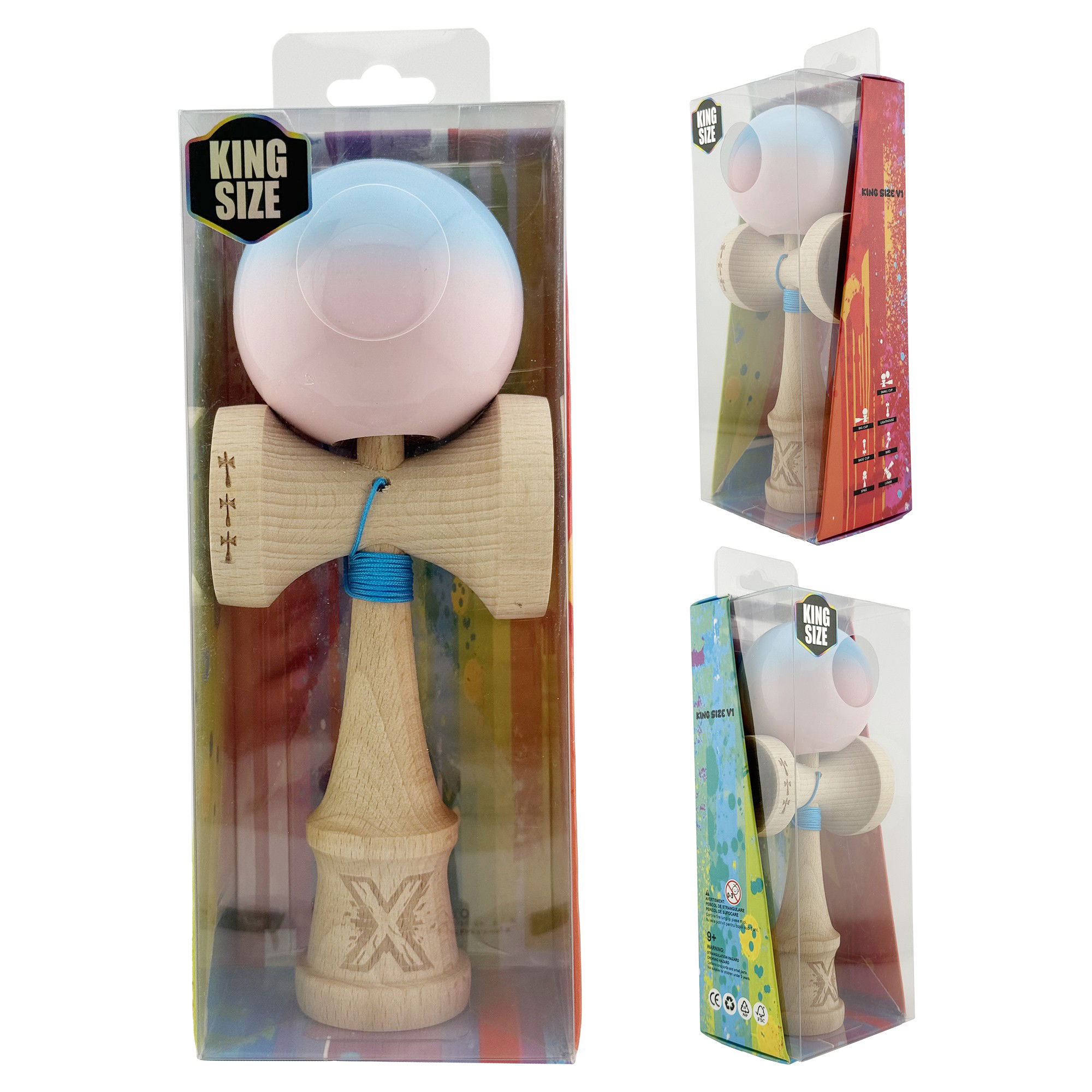 Kendama X Originala, Profesionala, Flippy, Big Cups V2, Super Sticky cu Cupe Mari, din lemn 18 cm, Rulment Metalic cu Ata 55 cm, Albastru deschis/Roz [10]