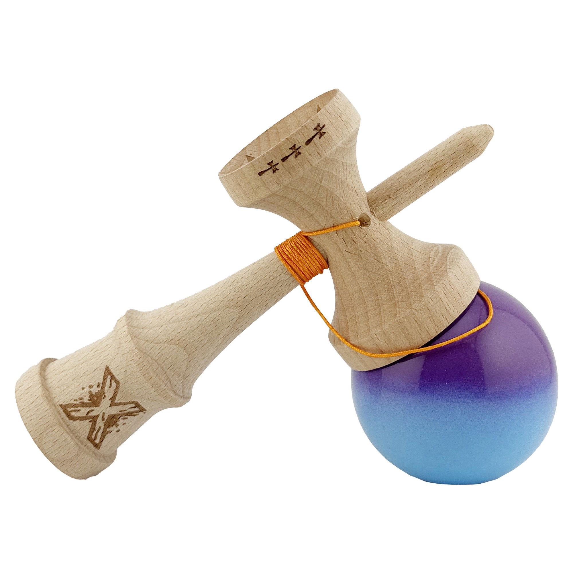 Kendama X Originala, Profesionala, Flippy, Big Cups V2, Super Sticky cu Cupe Mari, din lemn 18 cm, Rulment Metalic cu Ata 55 cm, Mov/Albastru [4]