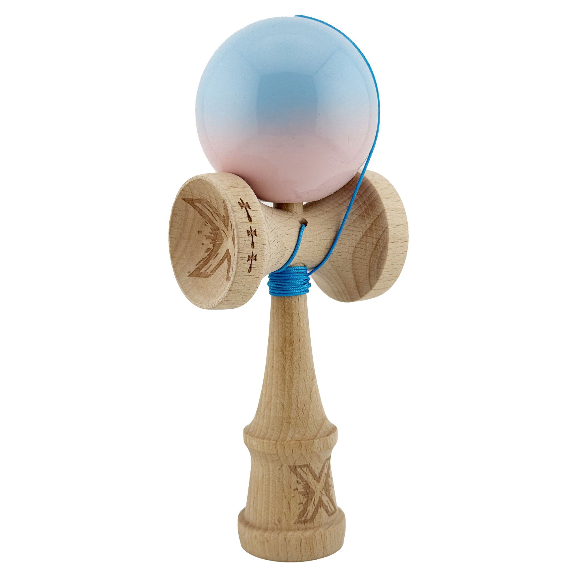 Kendama Super Sticky V2 Cupe Mari - Kendama X Originala, Profesionala, Flippy, Big Cups V2, Super Sticky cu Cupe Mari, din lemn 18 cm, Rulment Metalic cu Ata 55 cm, Albastru deschis/Roz