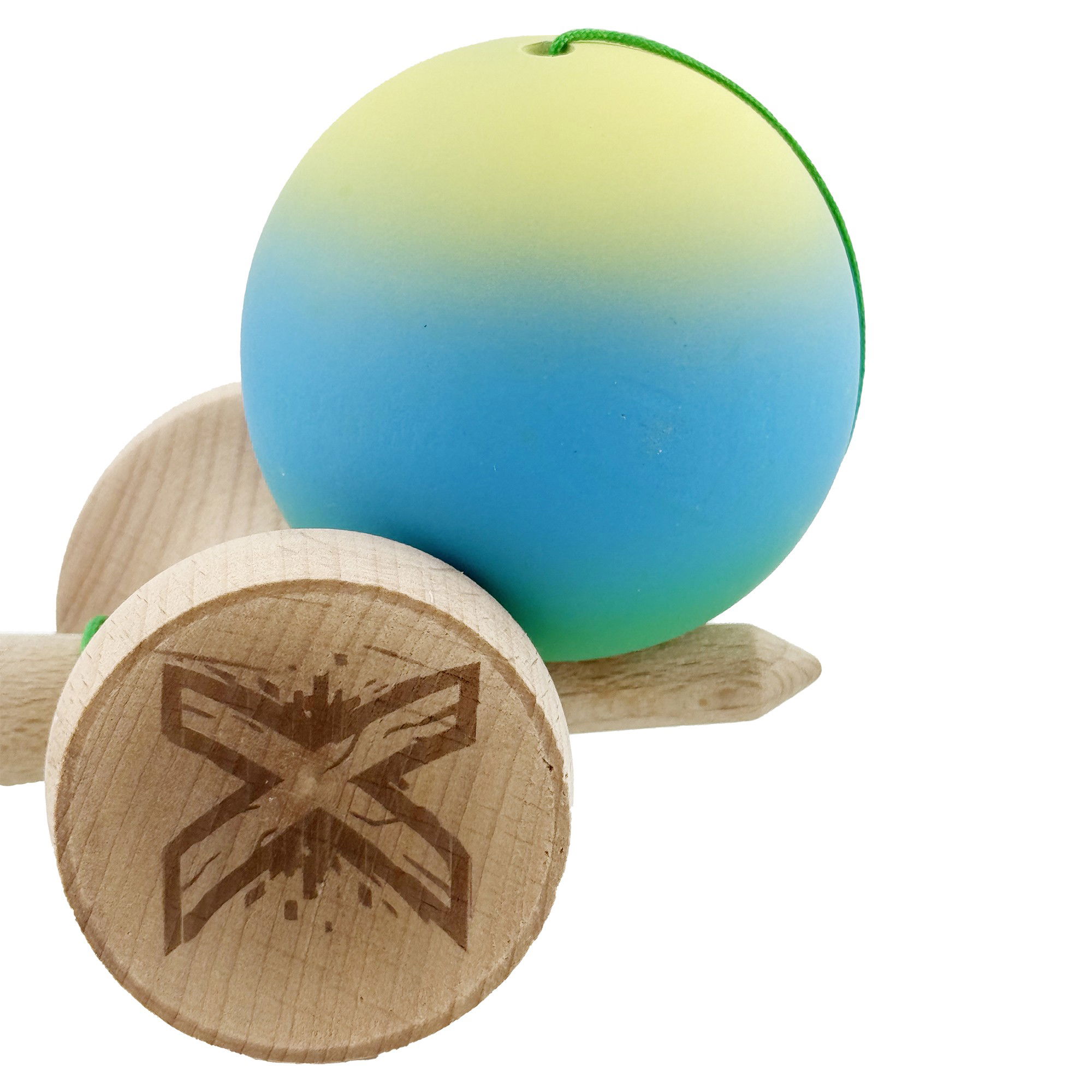 Kendama X Originala, Profesionala, Flippy, Cupe Mari KING SIZE V3, Rubber Grip, Gaura in Baza, Rulment Metalic, din lemn 18 cm, Ata 62/65 cm, Gradient Galben/Albastru/Verde [8]