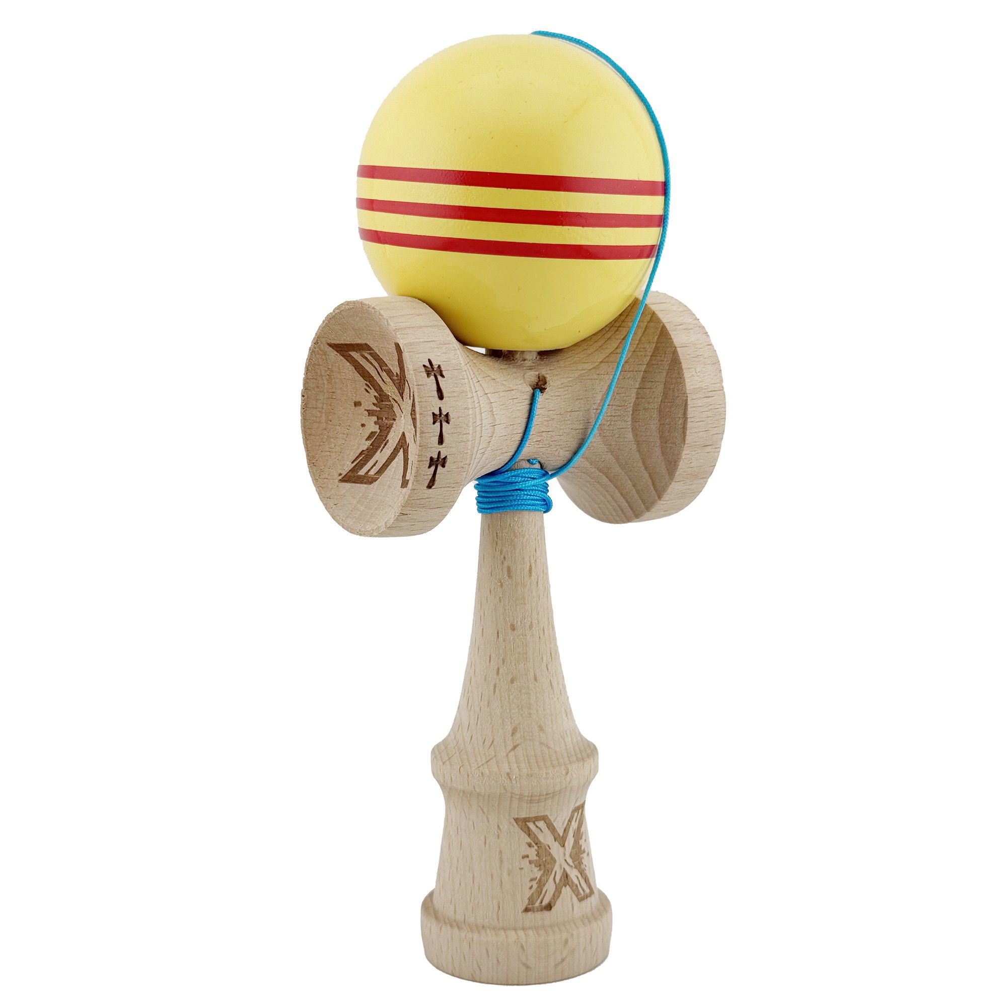 Kendama Super Sticky V2 Cupe Mari - Kendama X Originala, Profesionala, Flippy, Big Cups V2, Super Sticky Legendary Cupe Mari, Rulment Metalic cu Ata 55 cm, Galben/Linii Rosii