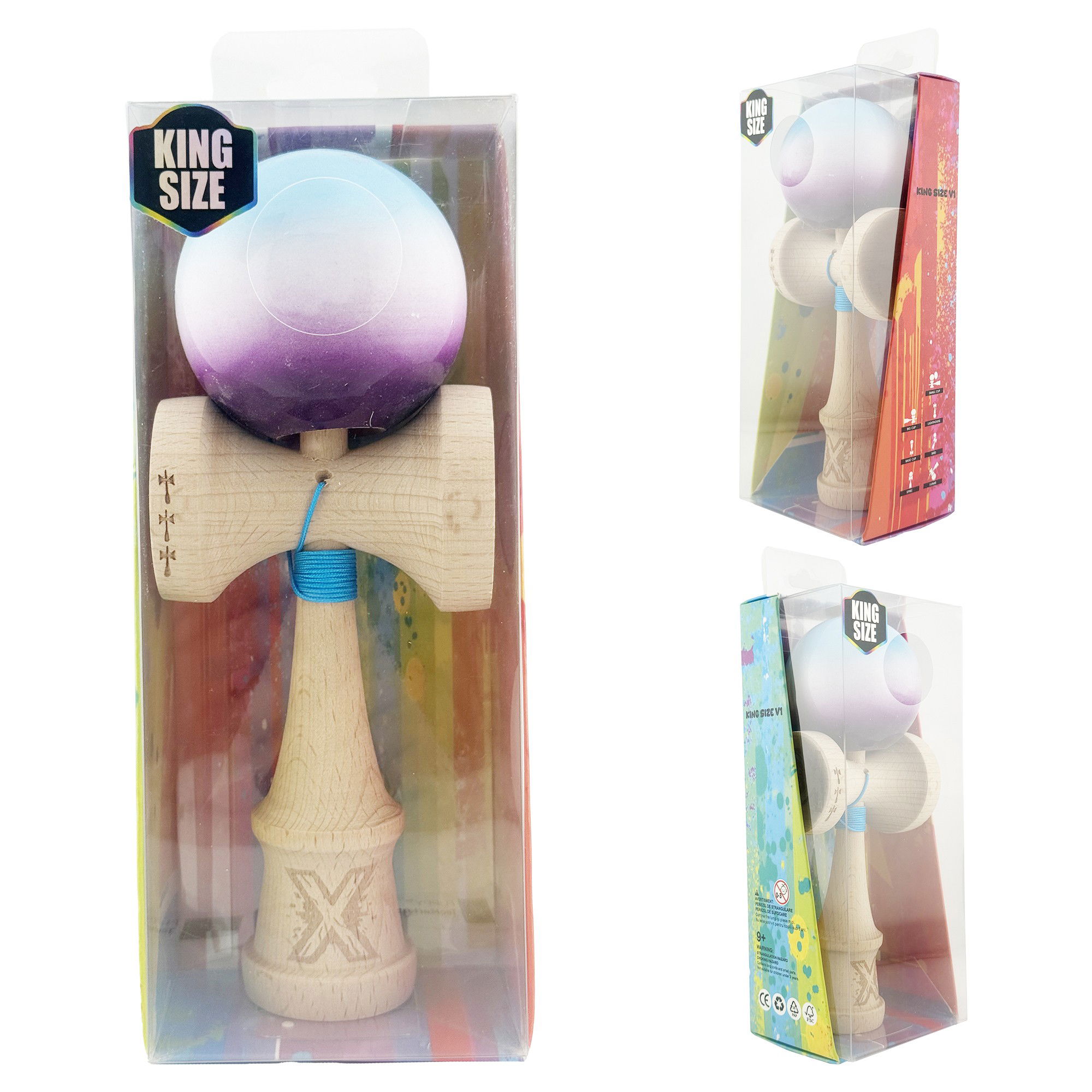 Kendama X Originala, Profesionala, Flippy, Big Cups V2, Super Sticky cu Cupe Mari, din lemn 18 cm, Rulment Metalic cu Ata 55 cm, Albastru/Alb/Mov [10]