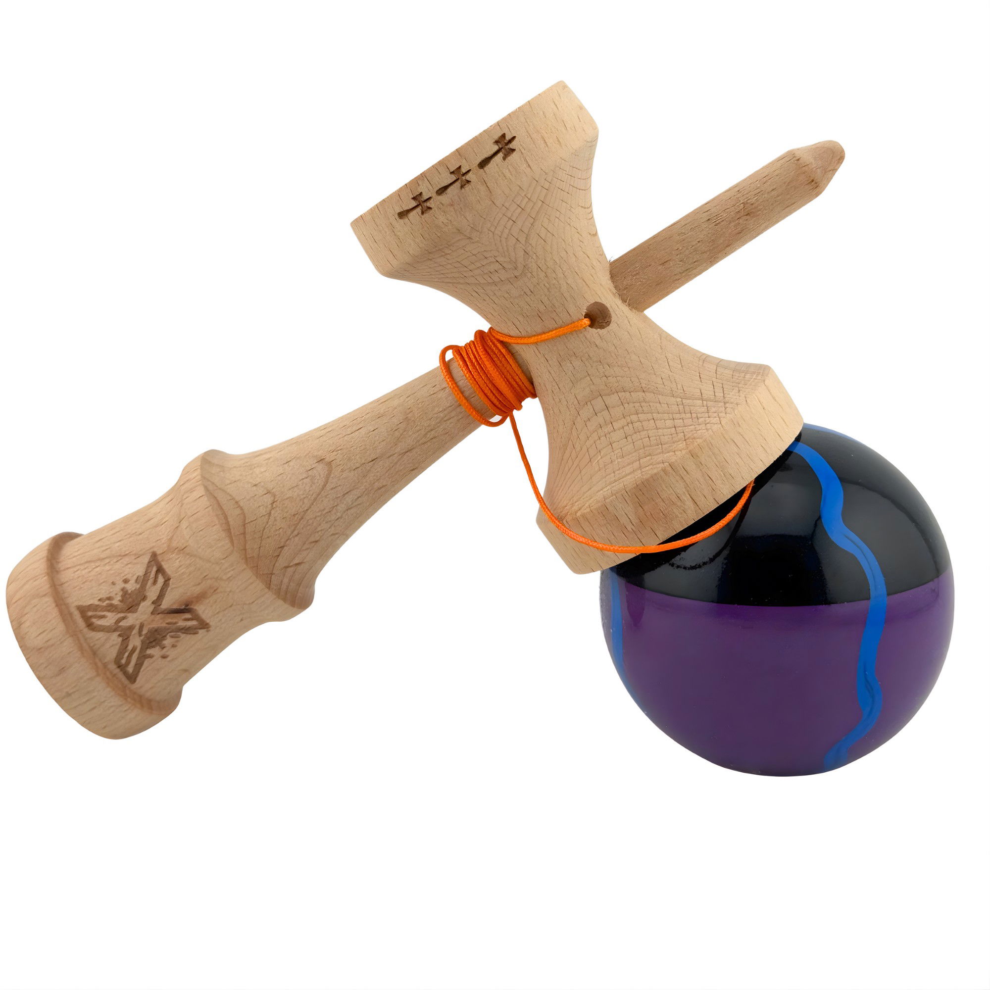 Kendama Super Sticky V2 Cupe Mari - Kendama X Originala, Profesionala, Flippy, Big Cups V2, Super Sticky Cupe Mari, Rulment Metalic cu Ata 55 cm, Negru Mov cu Linii
