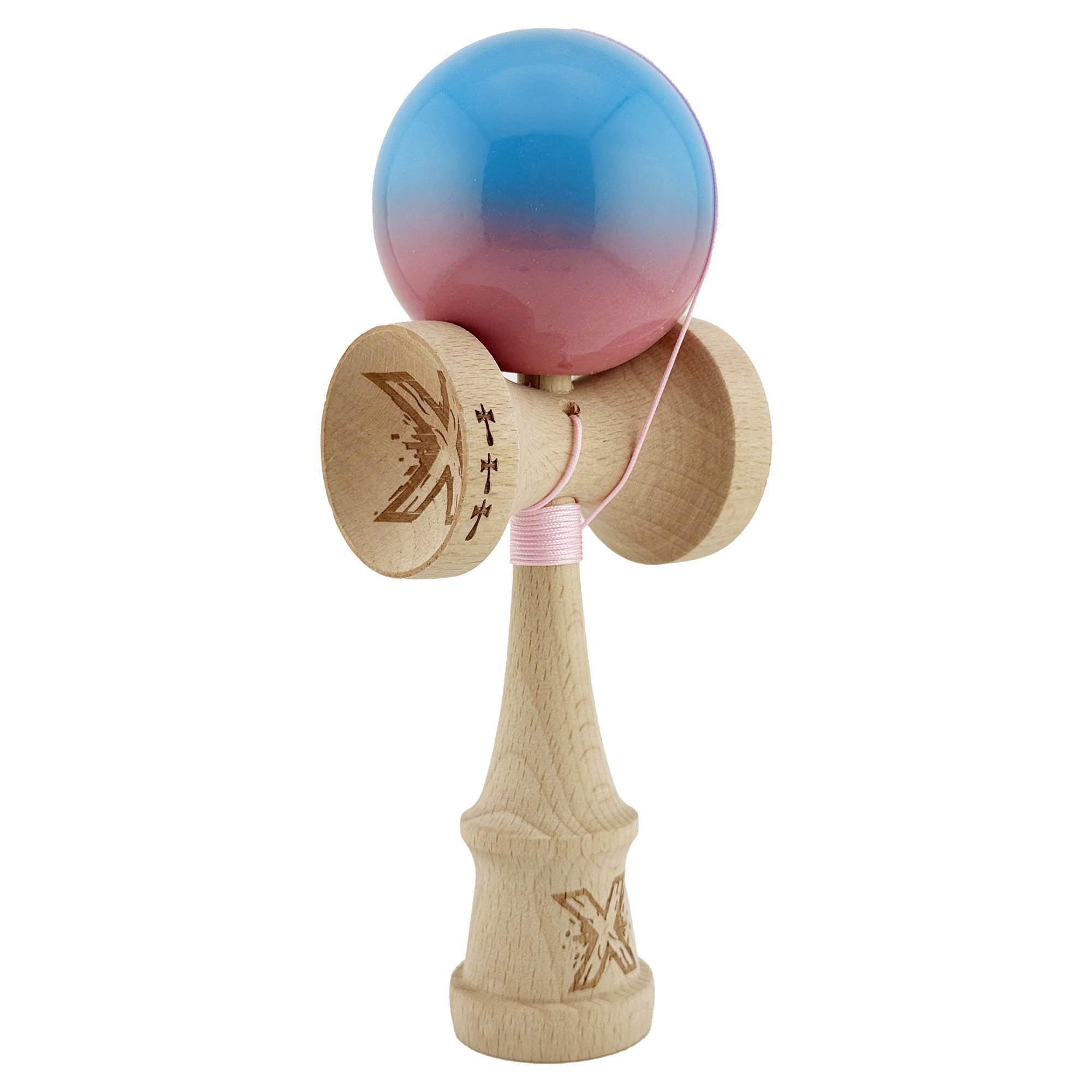 Kendama Super Sticky V2 Cupe Mari - Kendama X Originala, Profesionala, Flippy, Big Cups V2, Super Sticky cu Cupe Mari, din lemn 18 cm, Rulment Metalic cu Ata 55 cm, Albastru/Roz