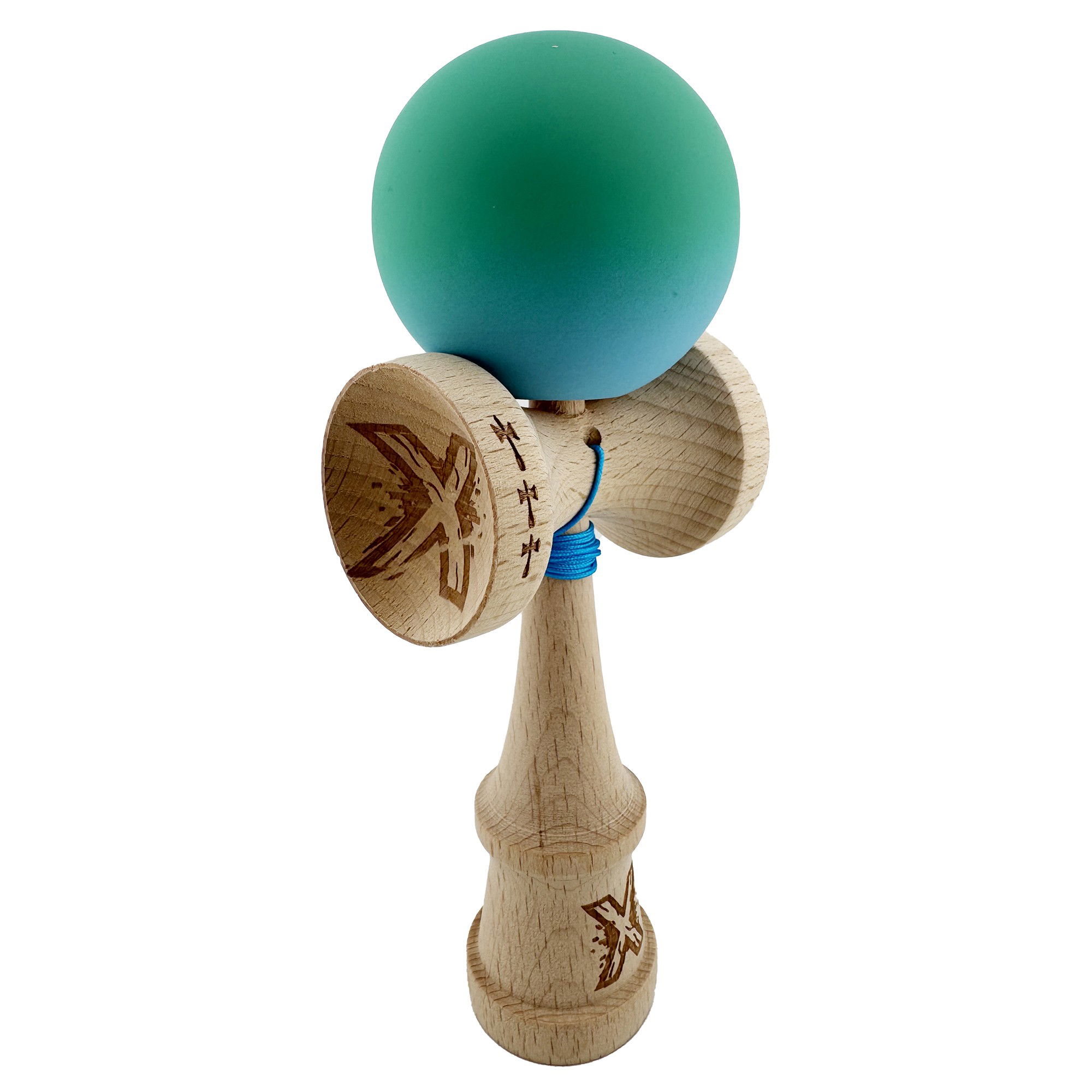 Kendama Rubber Grip V2 Cupe Mari - Kendama X Originala, Profesionala, Flippy, Big Cups V2, Rubber Grip cu Cupe Mari, Rulment Metalic cu Ata 55 cm, Verde/Albastru