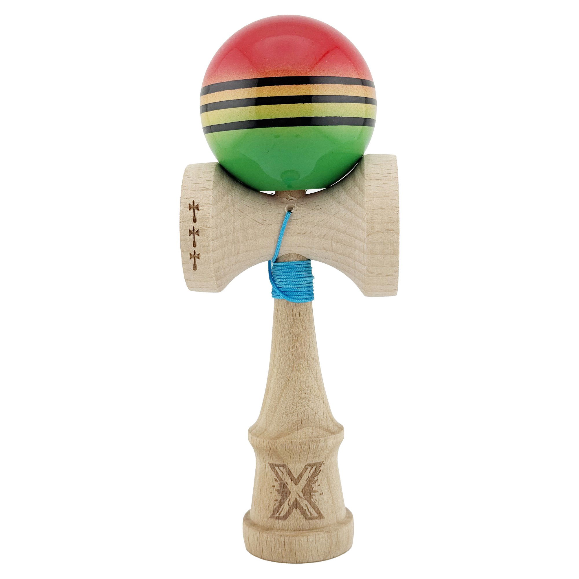 Kendama Super Sticky V2 Cupe Mari - Kendama X Originala, Profesionala, Flippy, Big Cups V2, Super Sticky Legendary Cupe Mari, Rulment Metalic cu Ata 55 cm, Rosu/Galben/Verde