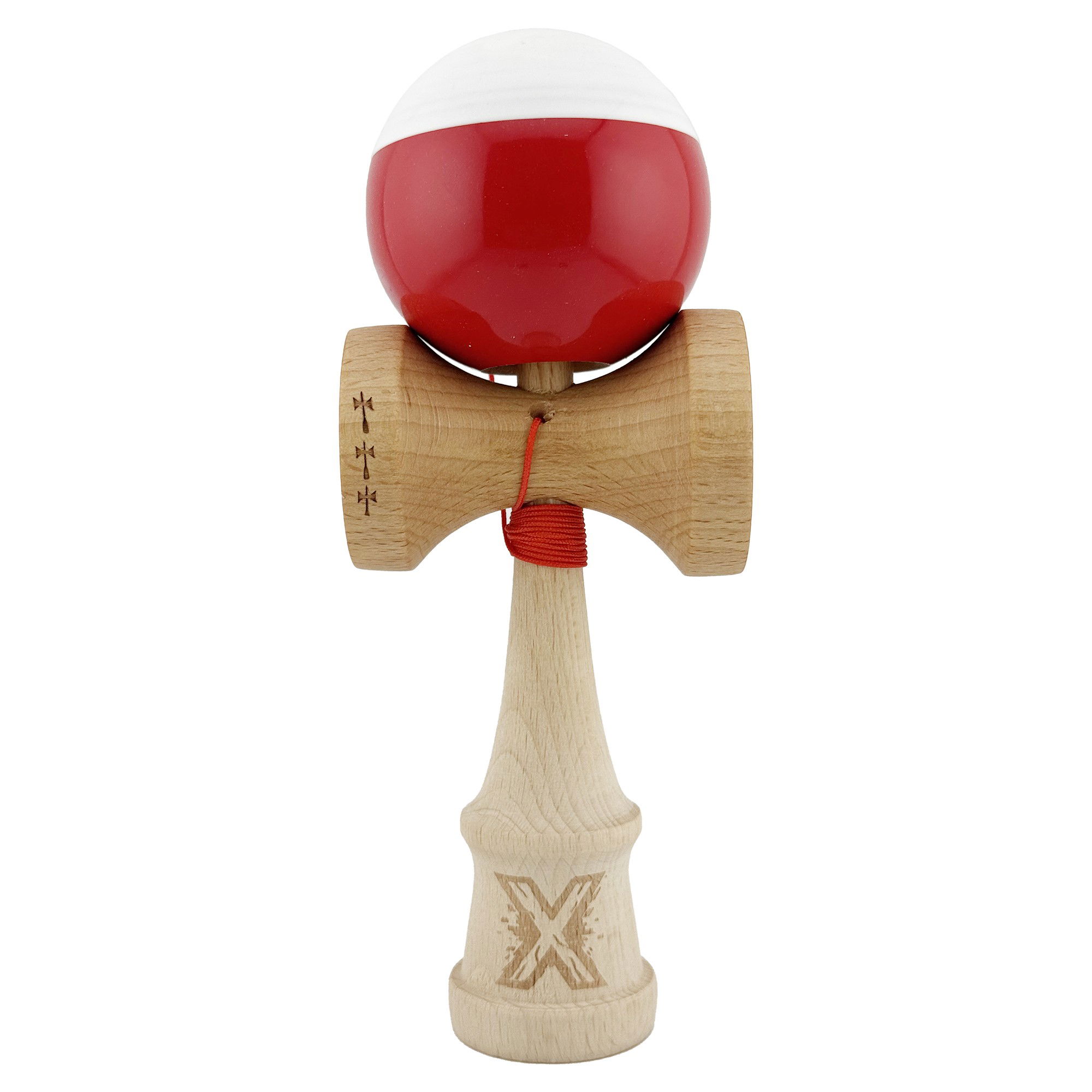 Kendama Super Sticky V2 Cupe Mari - Kendama X Originala, Profesionala, Flippy, Big Cups V2, Super Sticky cu Cupe Mari, Rulment Metalic, din lemn 18 cm, Ata 55 cm, Alb/Rosu