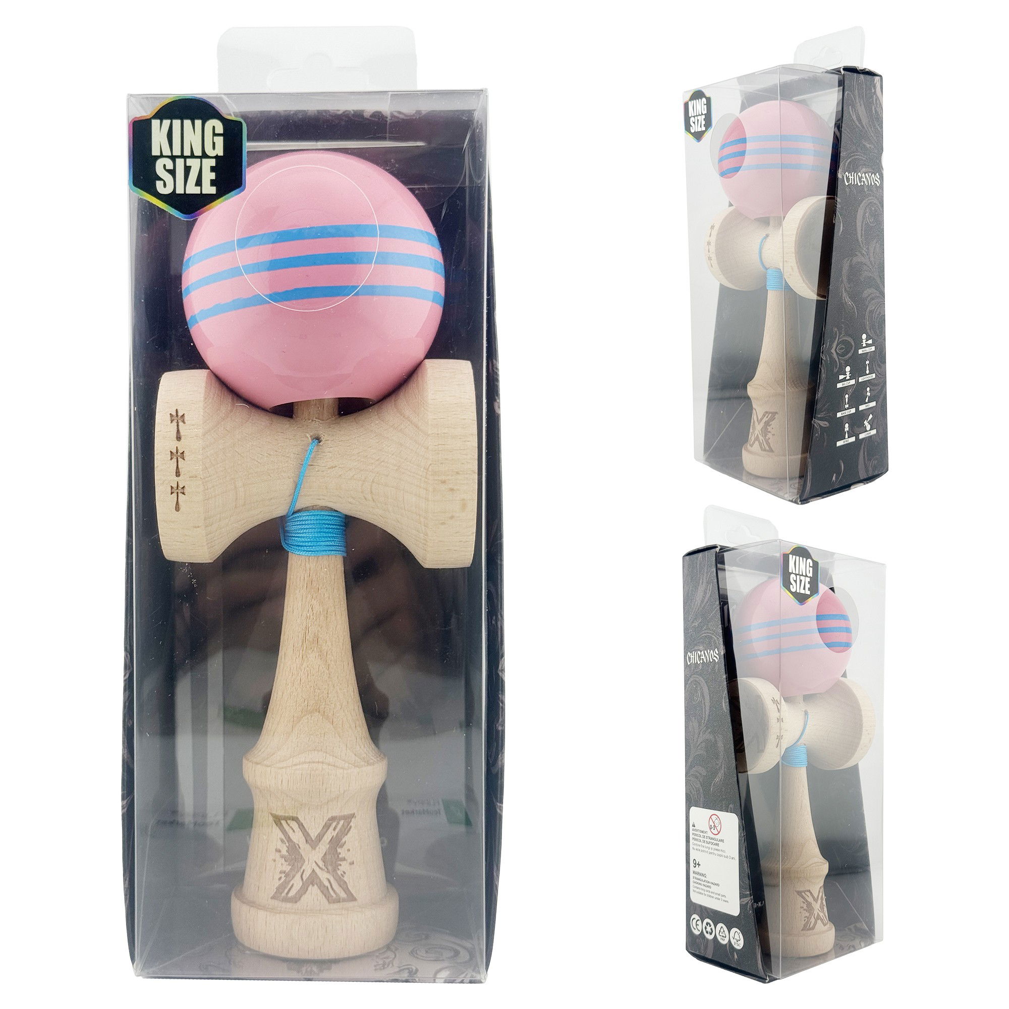 Kendama X Originala, Profesionala, Flippy, Big Cups V2, Super Sticky Legendary Cupe Mari, Rulment Metalic cu Ata 55 cm, Roz/Linii Albastre deschise [10]
