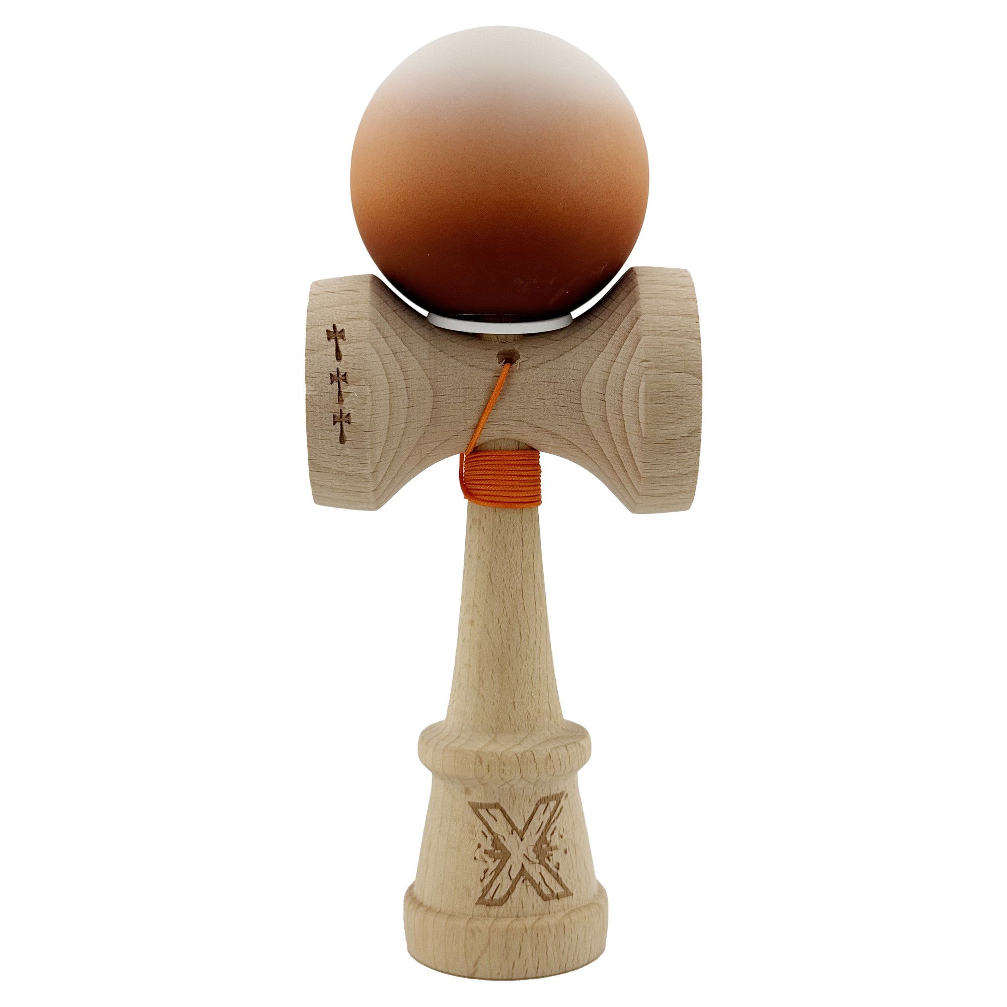 Kendama Rubber Grip V3 Cupe Mari - Kendama X Originala, Profesionala, Flippy, Cupe Mari KING SIZE V3, Rubber Grip, Gaura in Baza, Rulment Metalic, din lemn 18 cm, Ata 62/65 cm, Gradient Alb/Maro