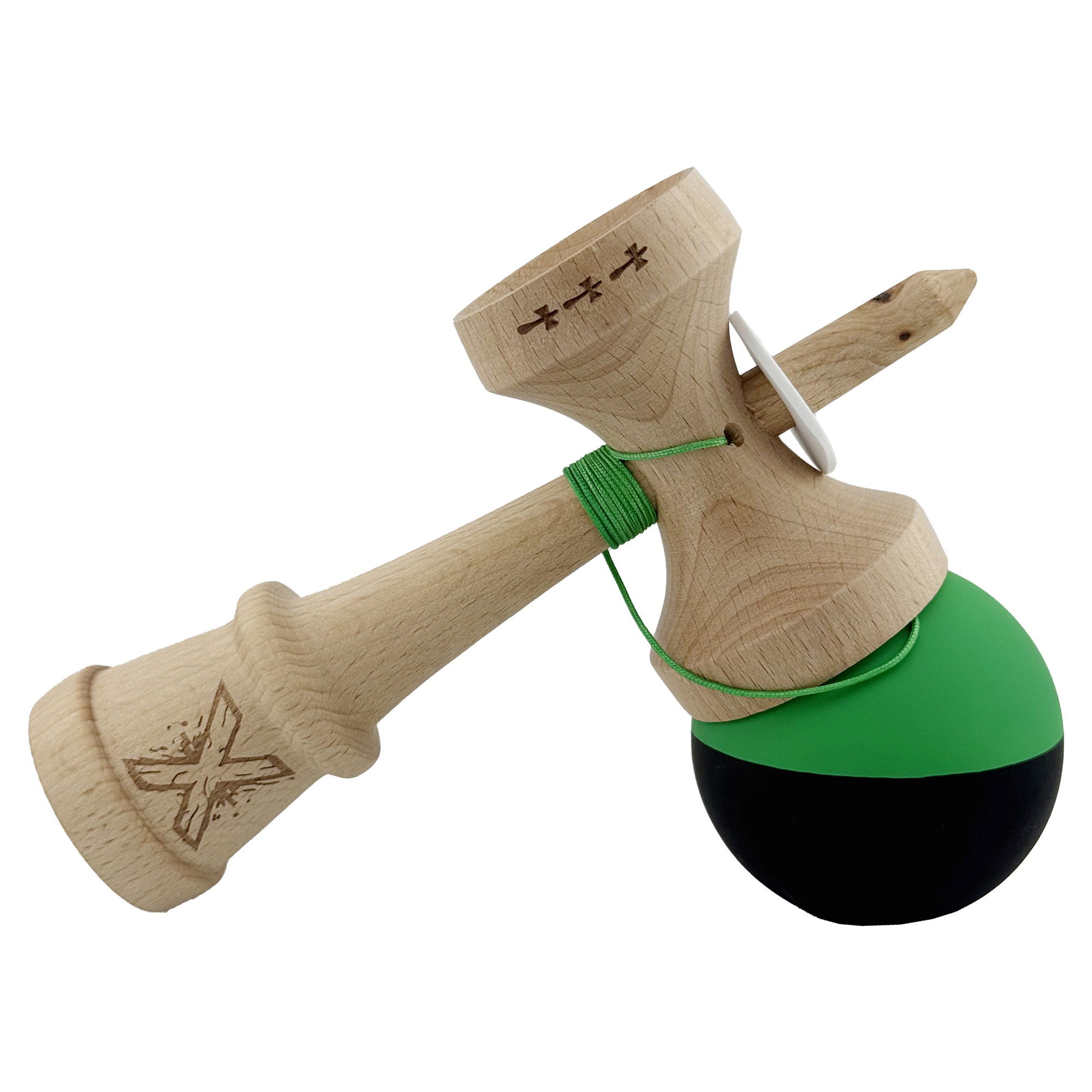 Kendama X Originala, Profesionala, Flippy, Cupe Mari KING SIZE V3, Rubber Grip, Gaura in Baza, Rulment Metalic, din lemn 18 cm, Ata 62/65 cm, Bicolor Verde/Negru [5]