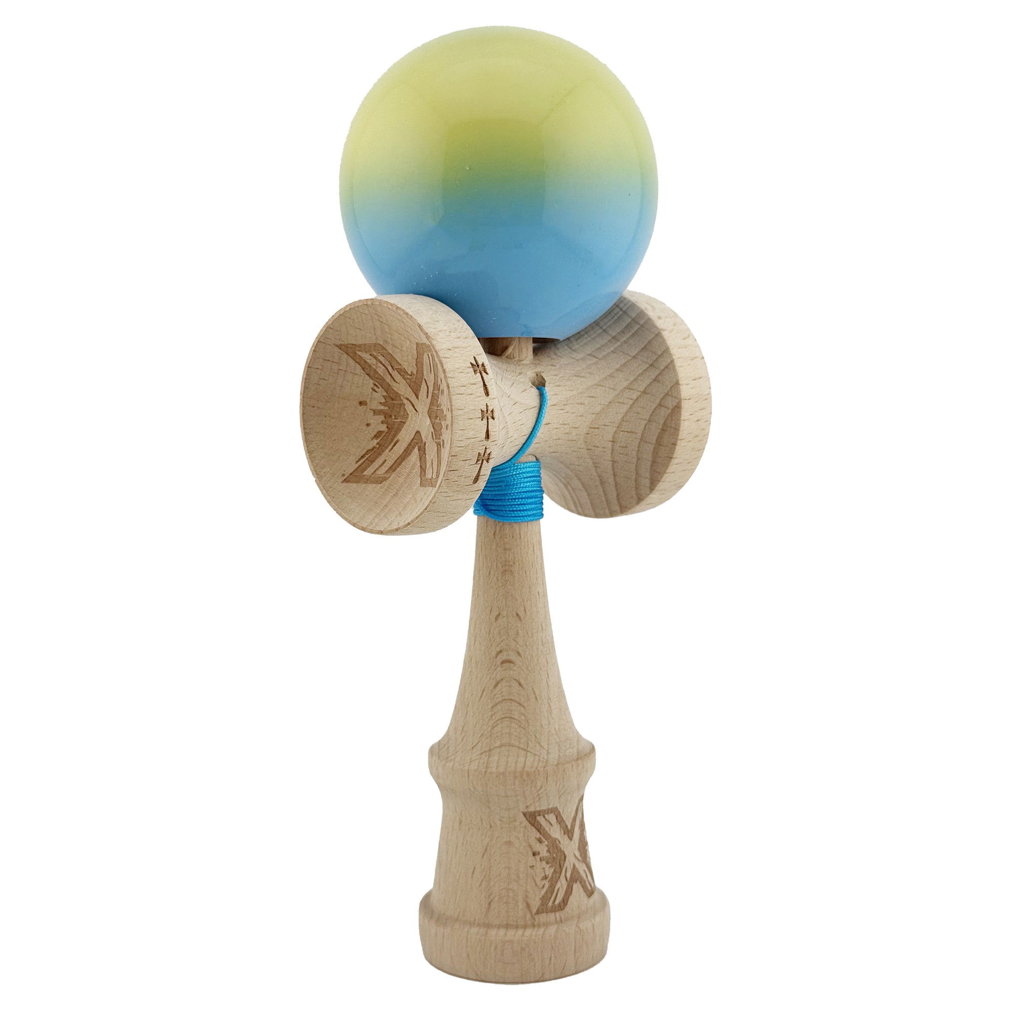 Kendama X Originala, Profesionala, Flippy, Big Cups V2, Super Sticky cu Cupe Mari, din lemn 18 cm, Rulment Metalic cu Ata 55 cm, Galben/Albastru [9]