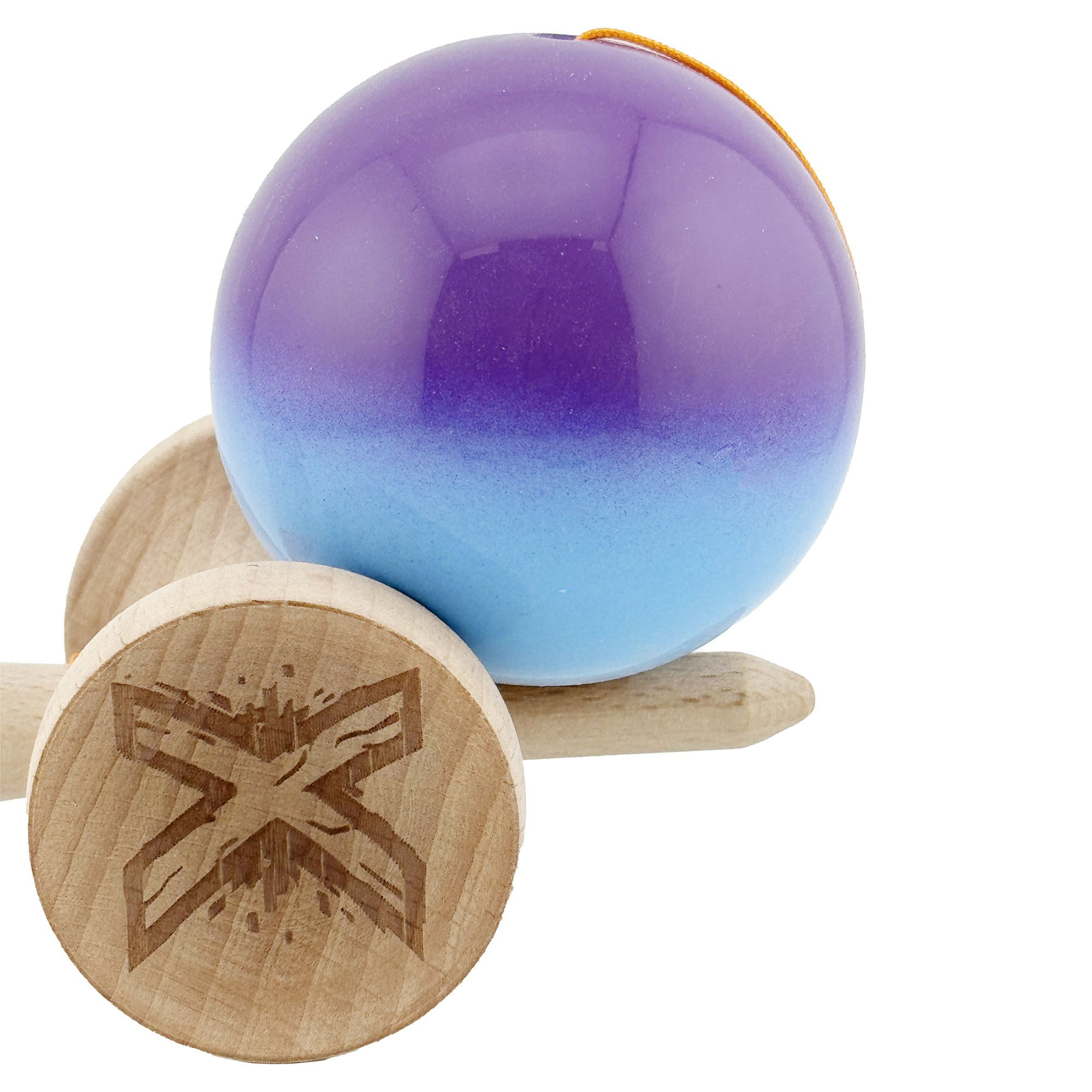 Kendama X Originala, Profesionala, Flippy, Big Cups V2, Super Sticky cu Cupe Mari, din lemn 18 cm, Rulment Metalic cu Ata 55 cm, Mov/Albastru [7]