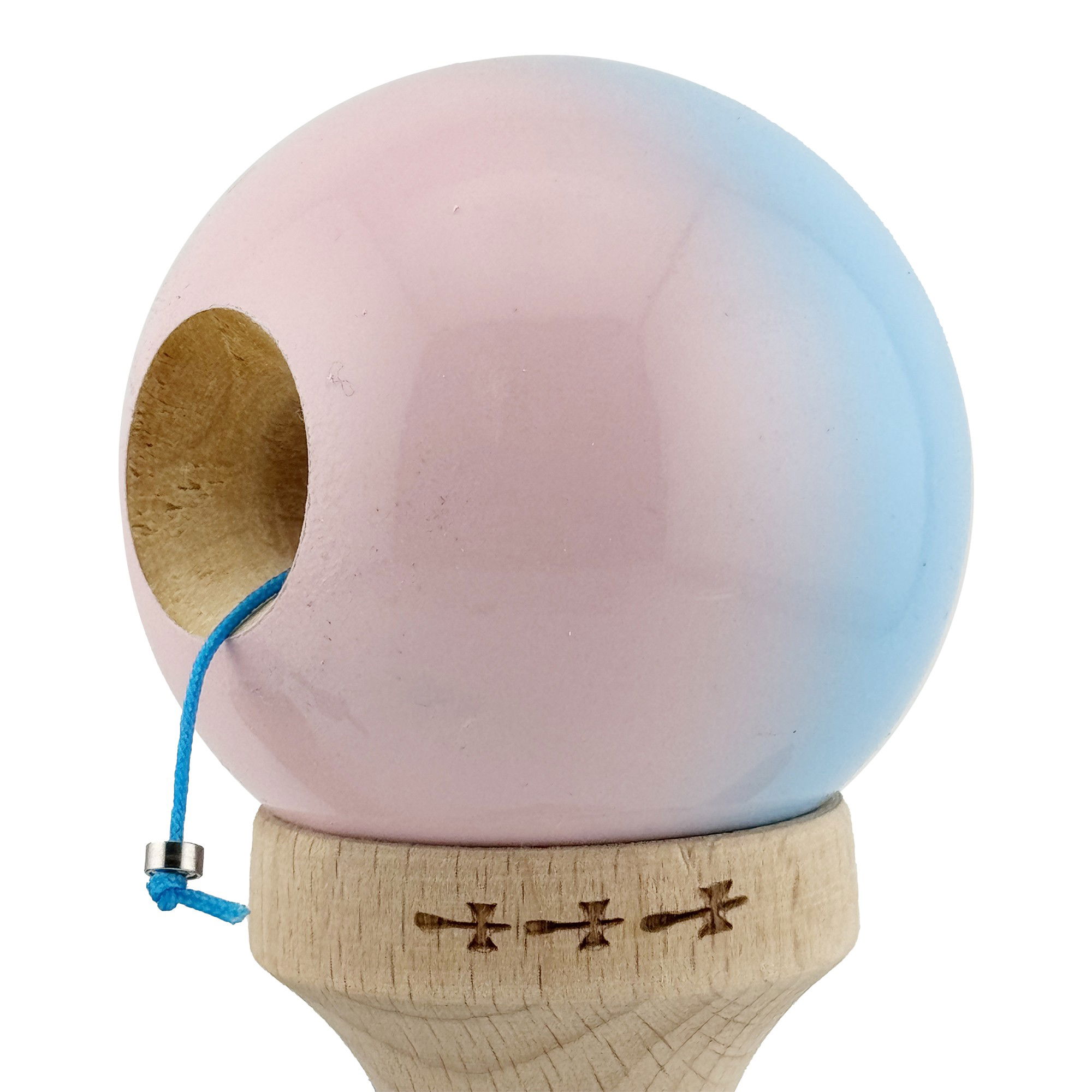 Kendama X Originala, Profesionala, Flippy, Big Cups V2, Super Sticky cu Cupe Mari, din lemn 18 cm, Rulment Metalic cu Ata 55 cm, Albastru deschis/Roz [5]