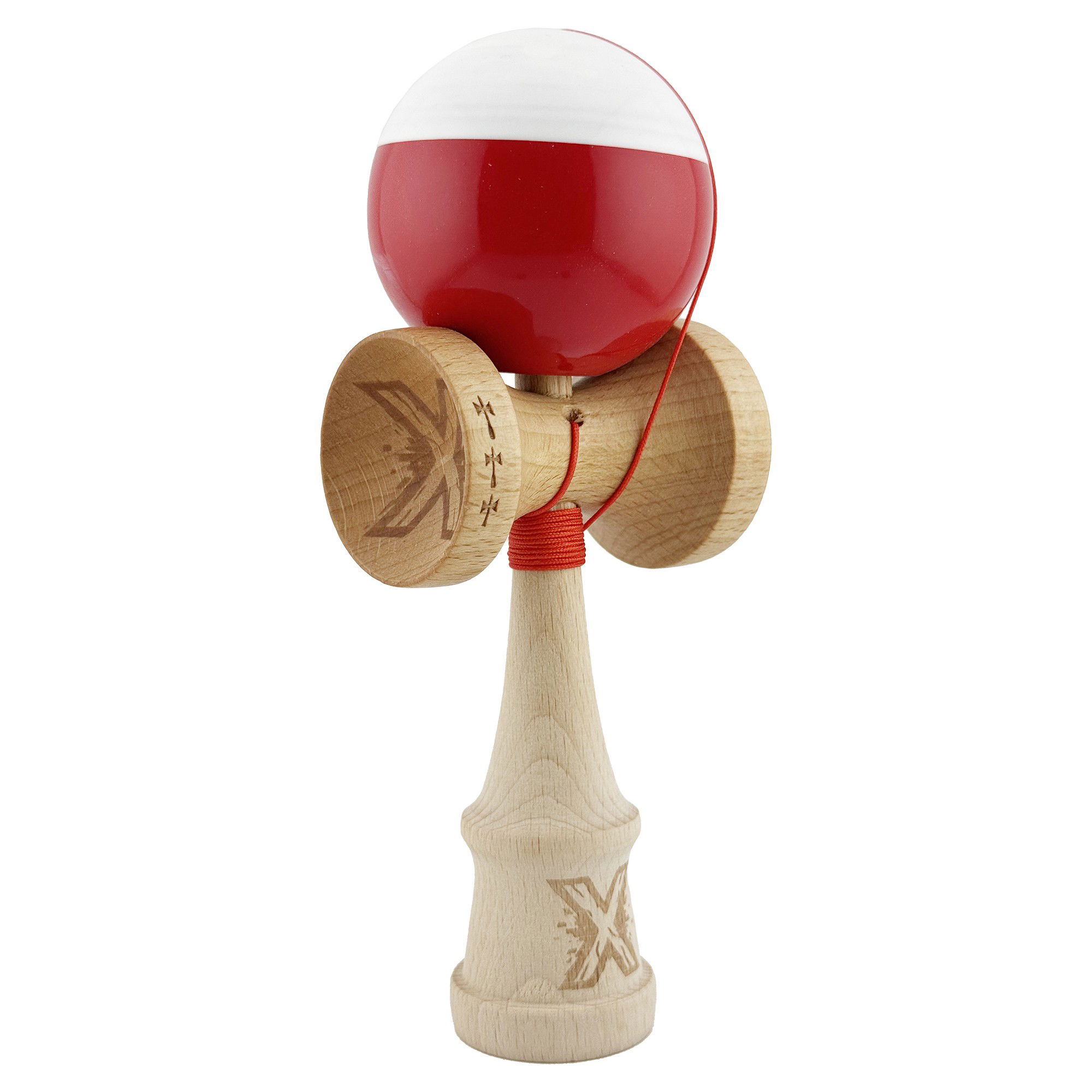 Kendama Super Sticky V2 Cupe Mari - Kendama X Originala, Profesionala, Flippy, Big Cups V2, Super Sticky cu Cupe Mari, Rulment Metalic, din lemn 18 cm, Ata 55 cm, Alb/Rosu