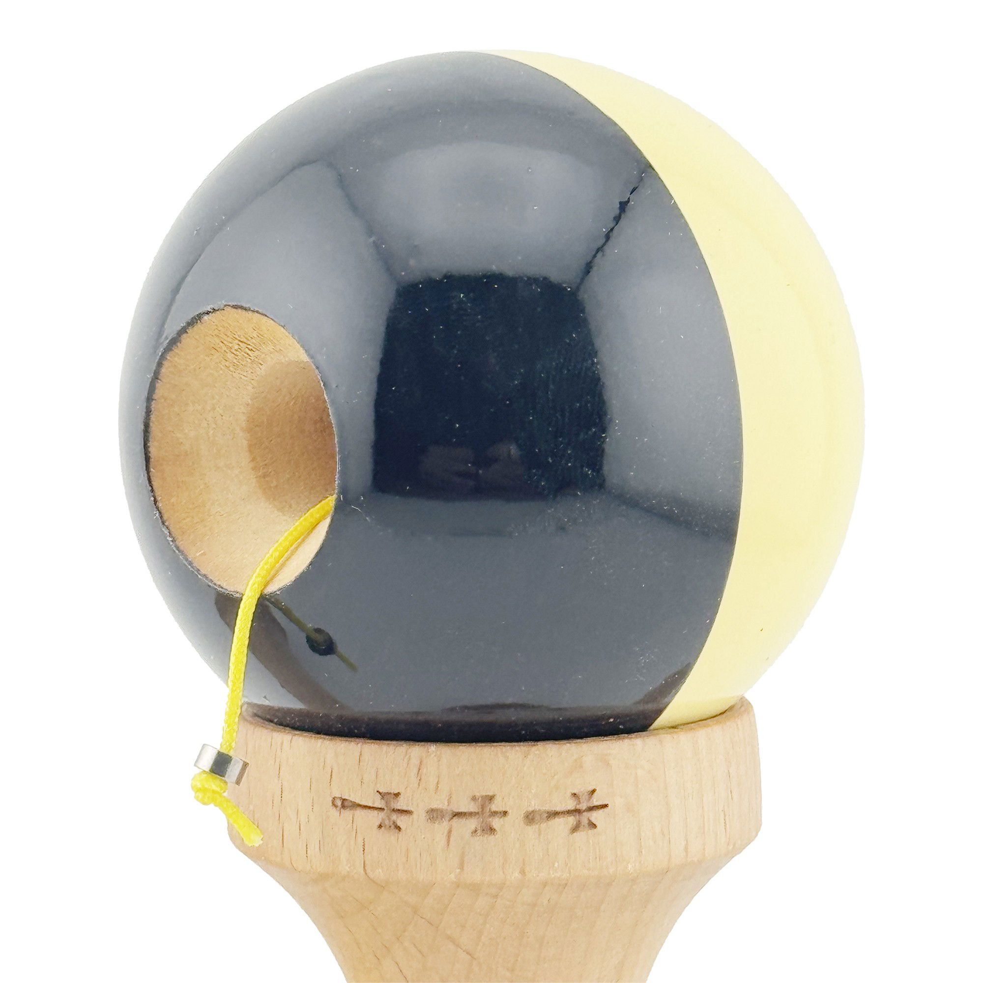 Kendama X Originala, Profesionala, Flippy, Big Cups V2, Super Sticky cu Cupe Mari, Rulment Metalic, din lemn 18 cm, Ata 55 cm, Galben/Negru [6]