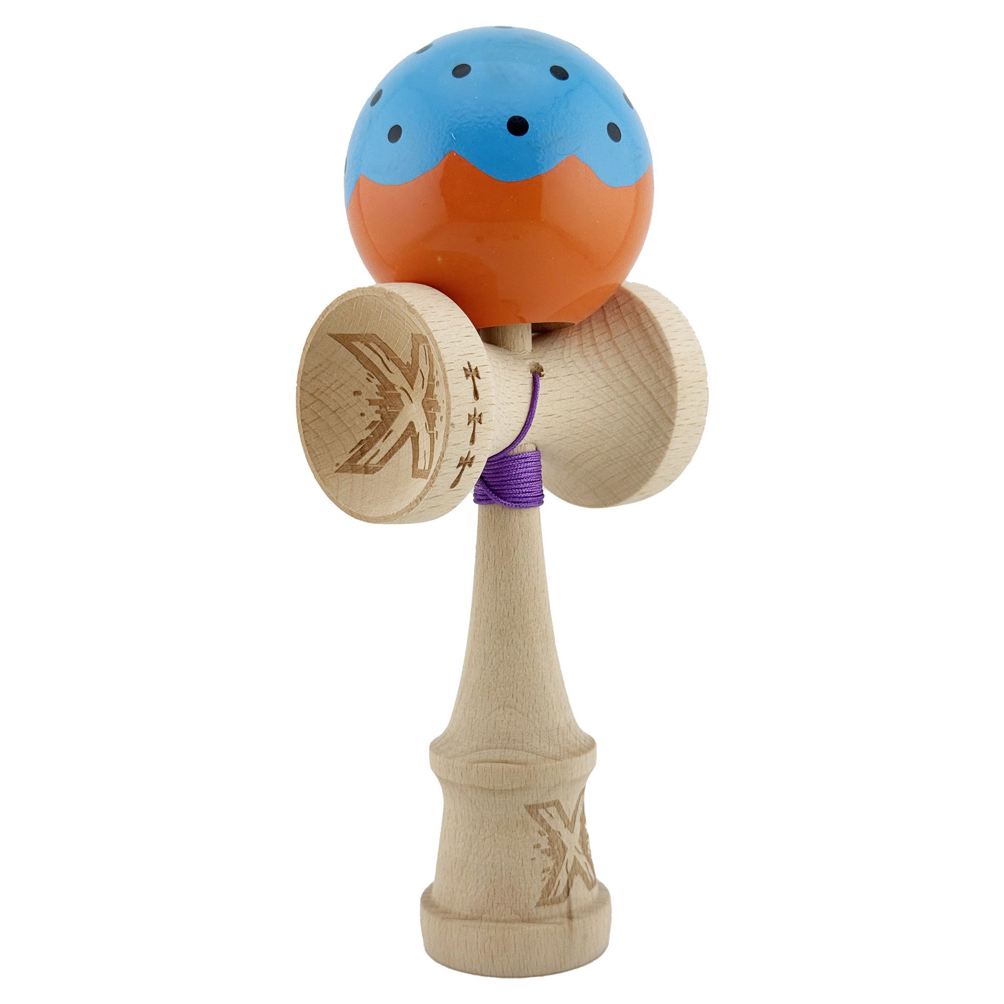Kendama X Originala, Profesionala, Flippy, Big Cups V2, Super Sticky cu Cupe Mari, din lemn 18 cm, Rulment Metalic cu Ata 55 cm, Albastru/Portocaliu [9]