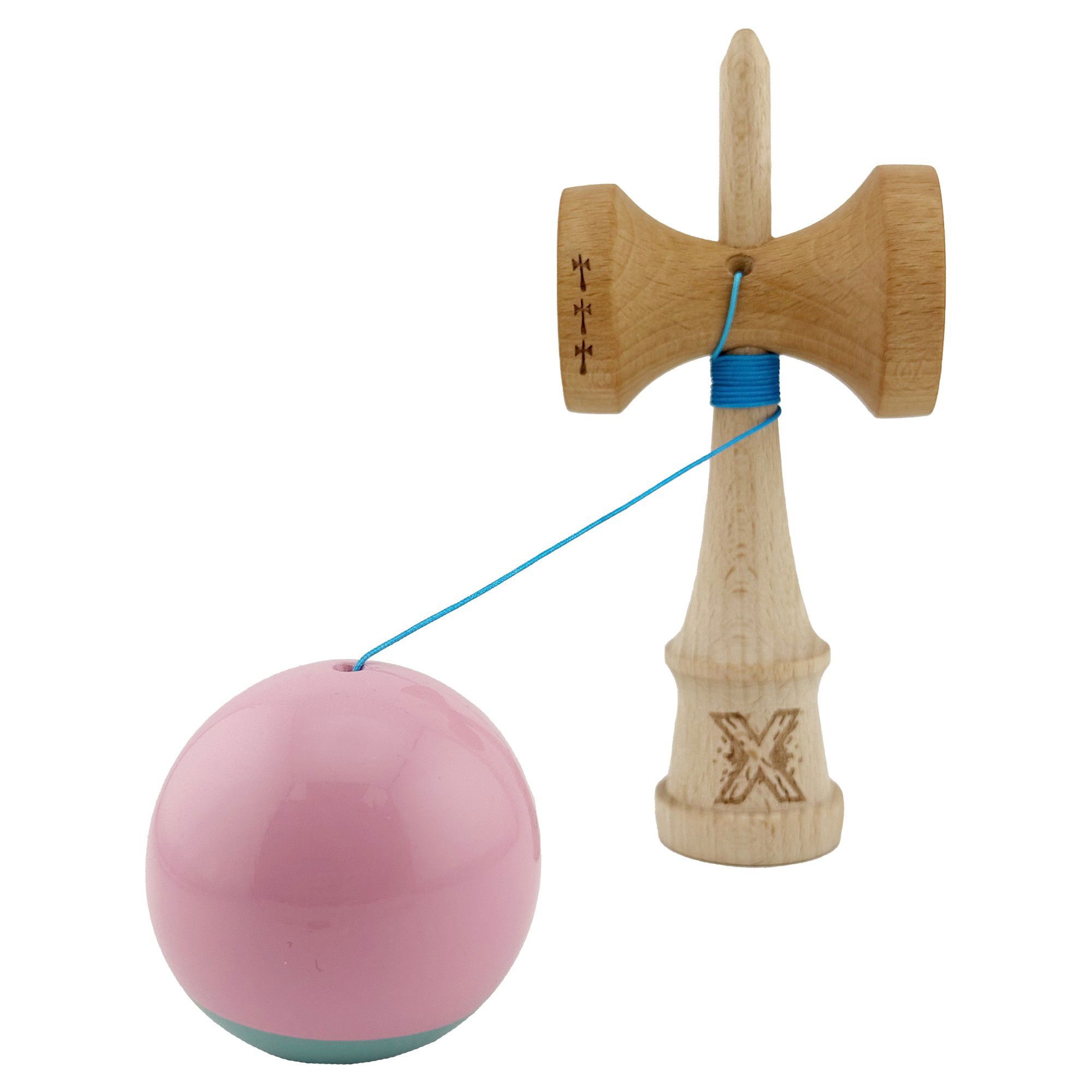 Kendama X Originala, Profesionala, Flippy, Big Cups V2, Super Sticky cu Cupe Mari, Rulment Metalic, din lemn 18 cm, Ata 55 cm, Roz/Verde [3]