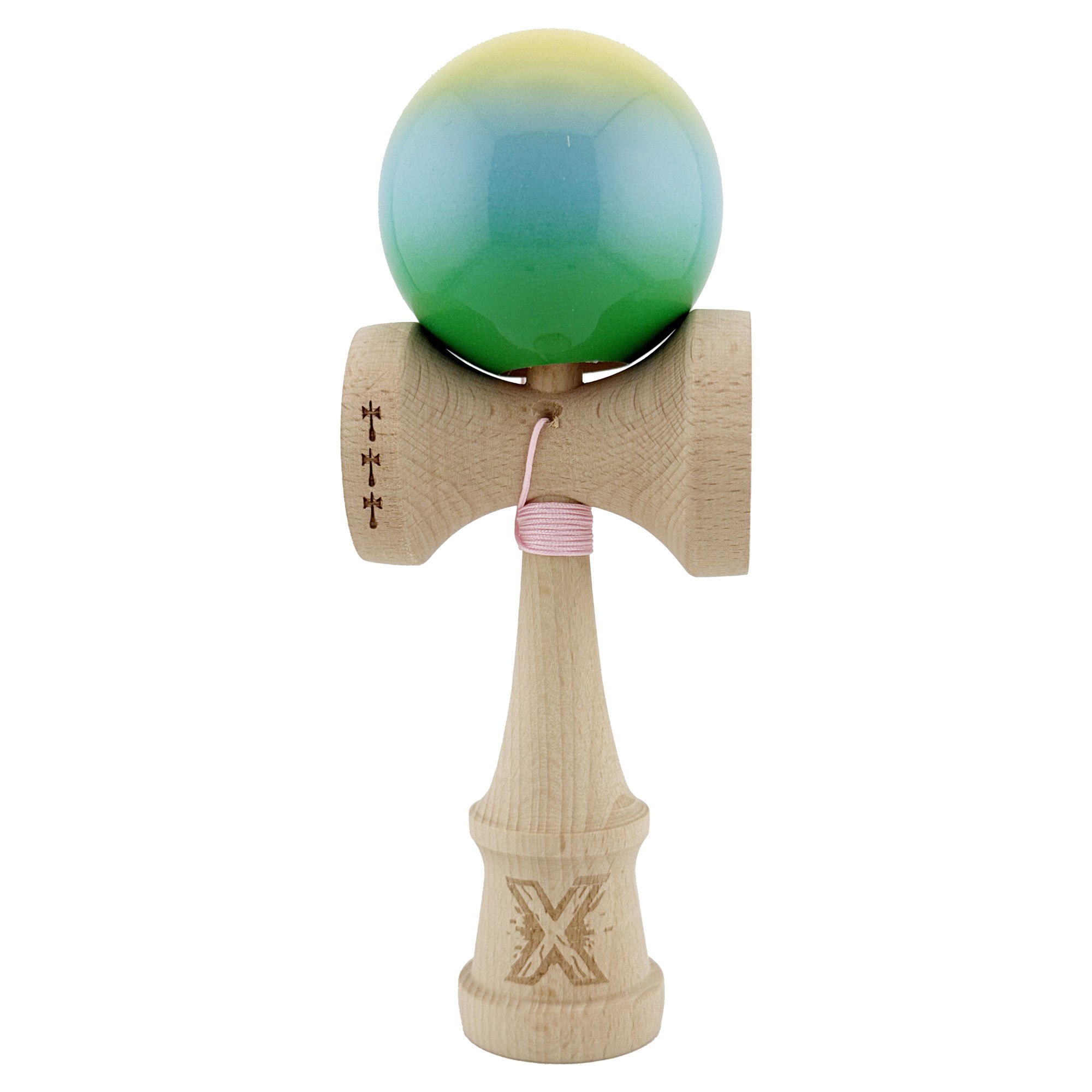 Kendama Super Sticky V2 Cupe Mari - Kendama X Originala, Profesionala, Flippy, Big Cups V2, Super Sticky Cupe Mari, Rulment Metalic cu Ata 55 cm, Galben/Albastru deschis/Verde