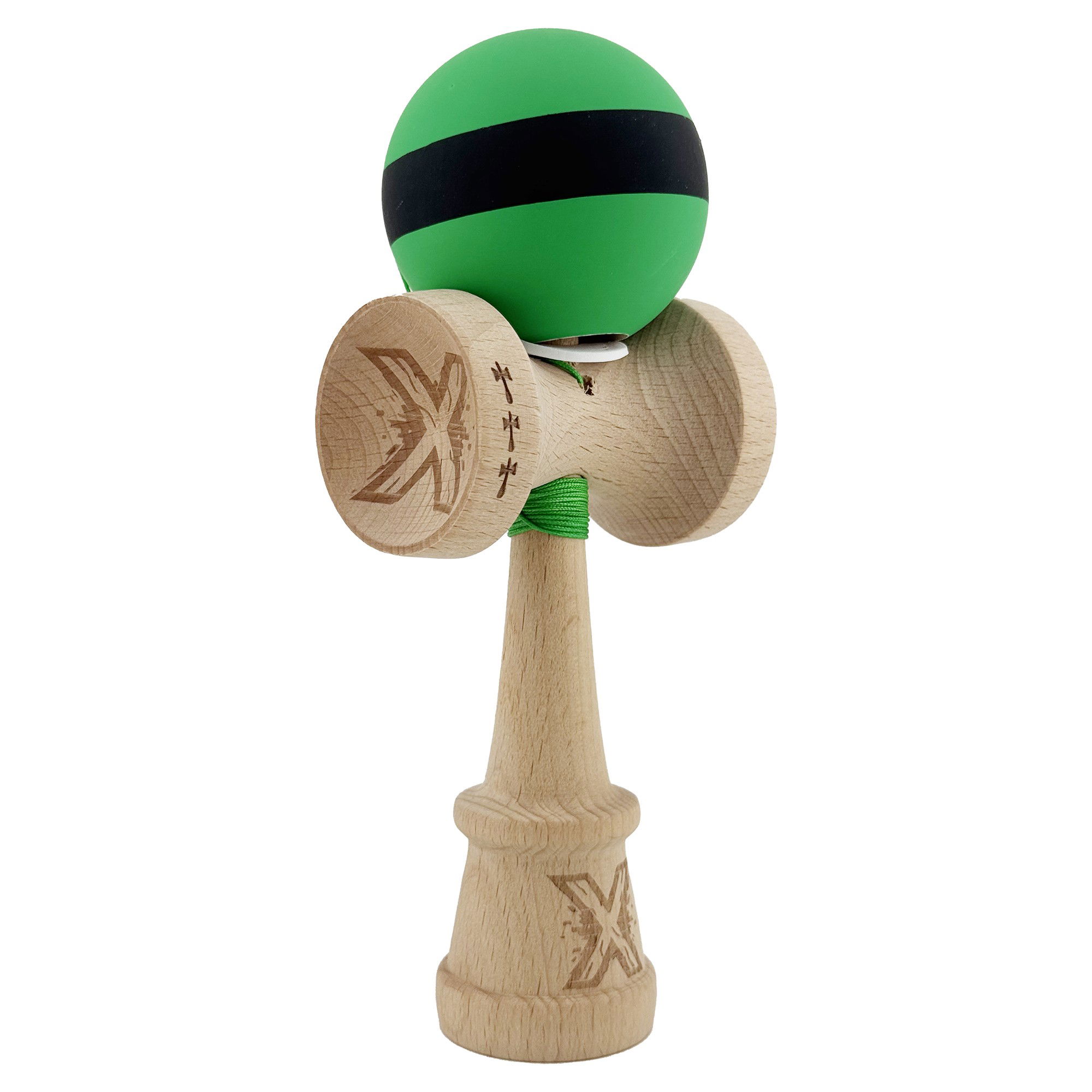 Kendama Rubber Grip V3 Cupe Mari - Kendama X Originala, Profesionala, Flippy, Cupe Mari KING SIZE V3, Rubber Grip, Gaura in Baza, Rulment Metalic, din lemn 18 cm, Ata 62/65 cm, M Bicolor Verde Dublu/Negru