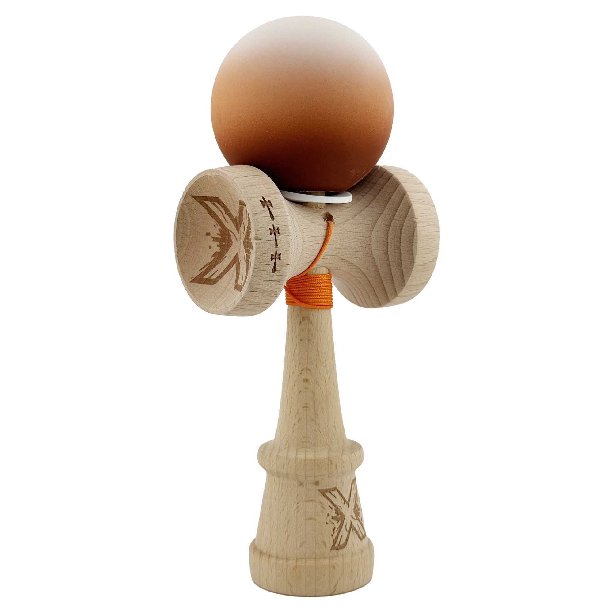 Kendama Rubber Grip V3 Cupe Mari - Kendama X Originala, Profesionala, Flippy, Cupe Mari KING SIZE V3, Rubber Grip, Gaura in Baza, Rulment Metalic, din lemn 18 cm, Ata 62/65 cm, Gradient Alb/Maro