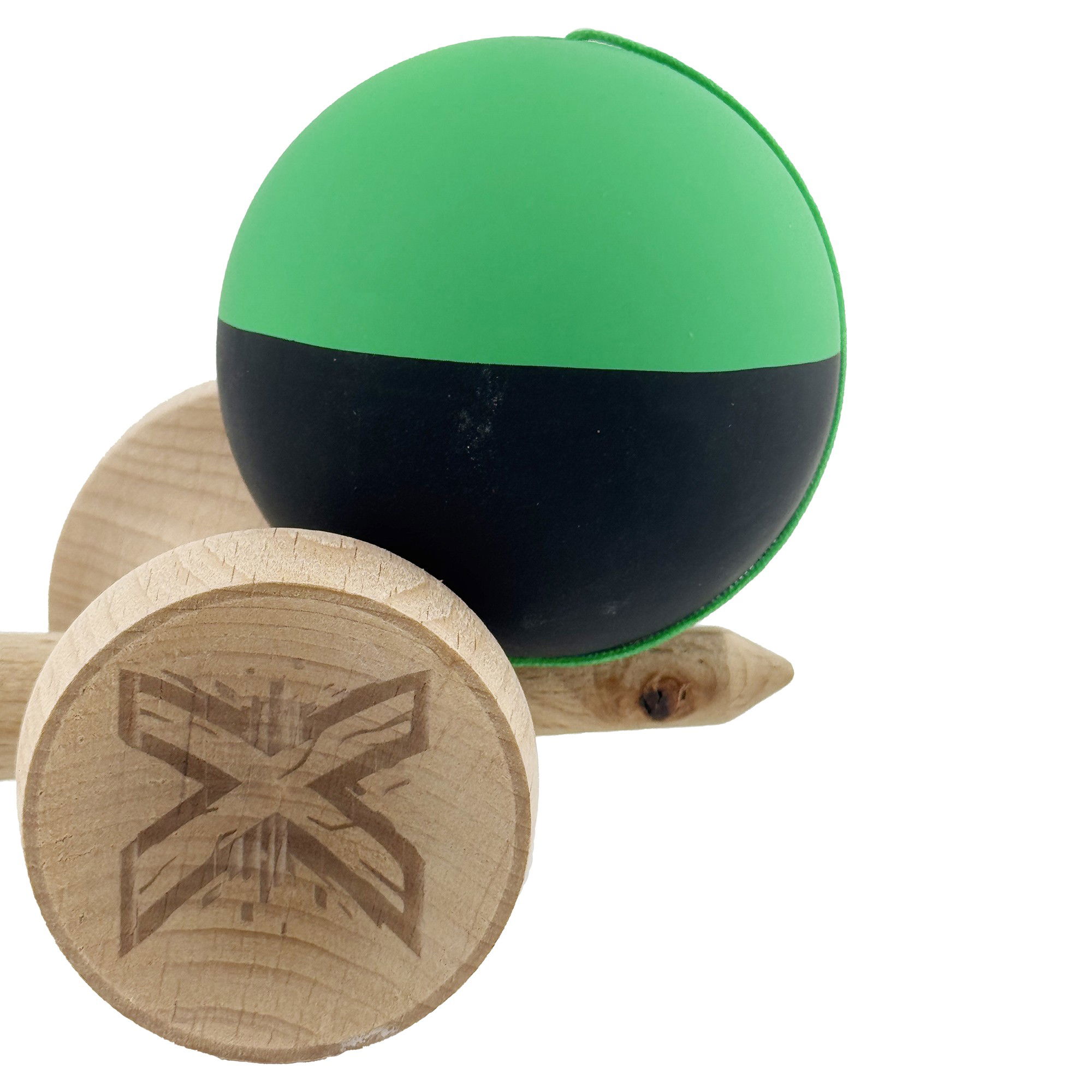 Kendama X Originala, Profesionala, Flippy, Cupe Mari KING SIZE V3, Rubber Grip, Gaura in Baza, Rulment Metalic, din lemn 18 cm, Ata 62/65 cm, Bicolor Verde/Negru [8]